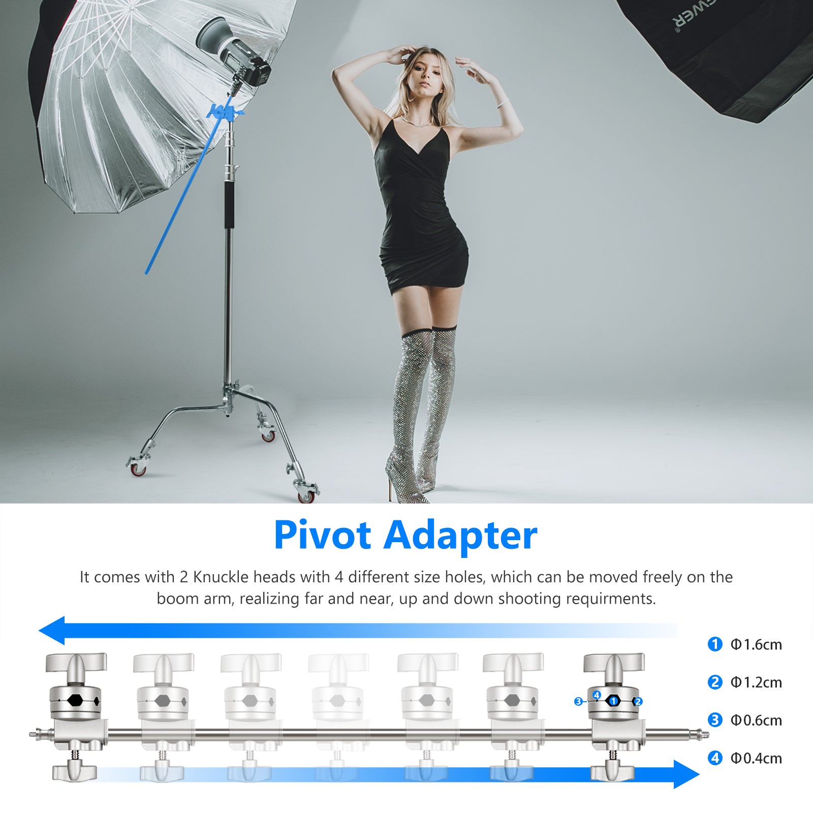 NEEWER SC330W C Stand features 2 knuckle heads with 4 different size holes.