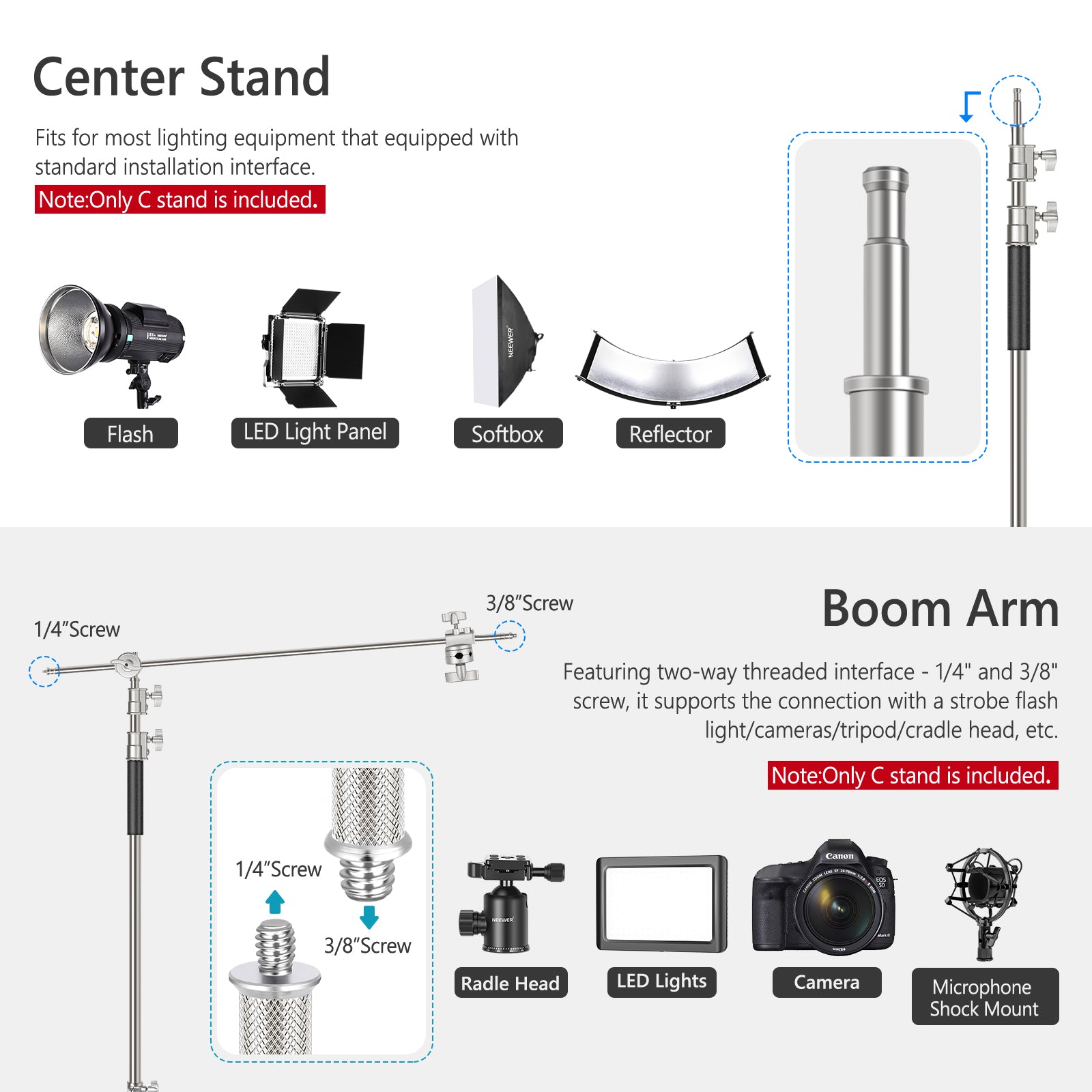 NEEWER SC330W C Stand With 3 Swivel Caster Wheels features 2-way threaded interface.