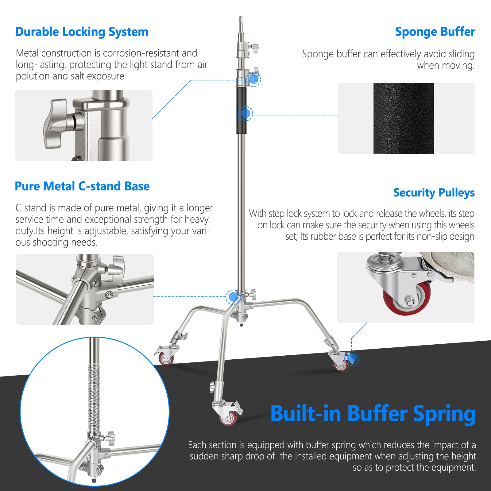 NEEWER SC330W C Stand With 3 Swivel Caster Wheels features a durable locking system.