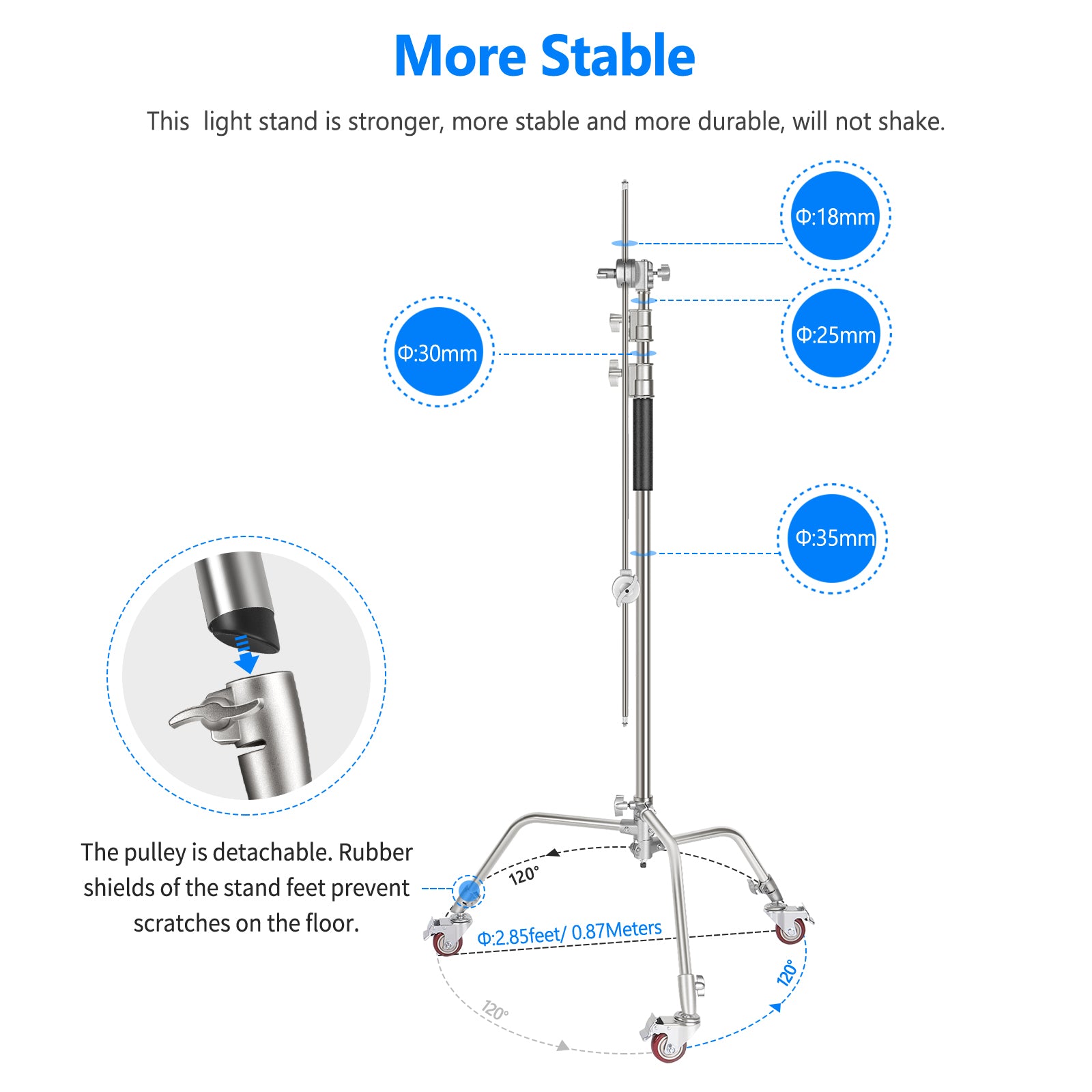 NEEWER Metal C Stand Light Stand With Wheels is more stable.