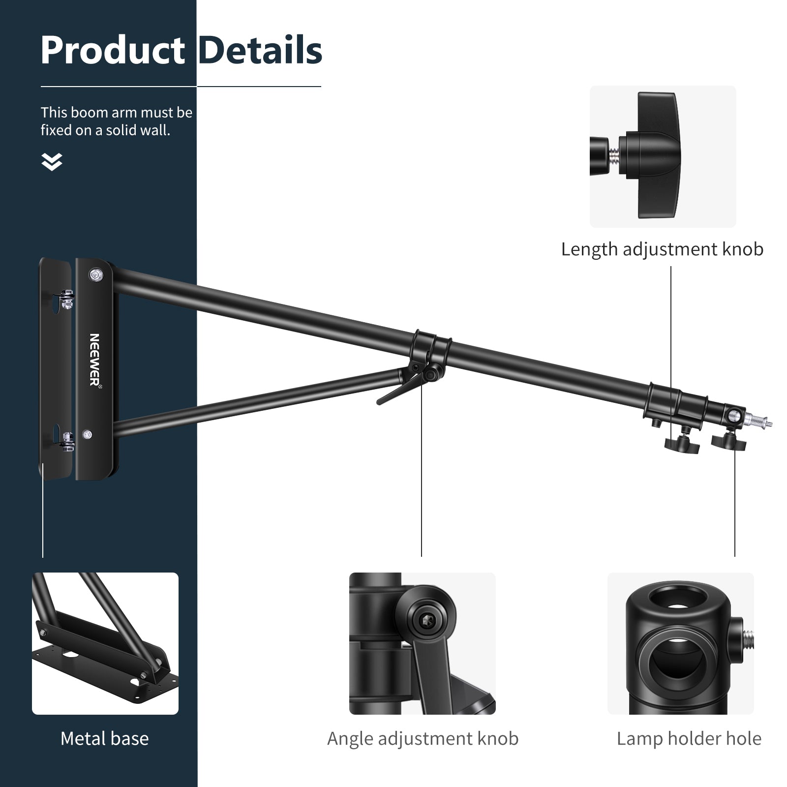 Product details of the NEEWER 180CM Wall Boom Arm