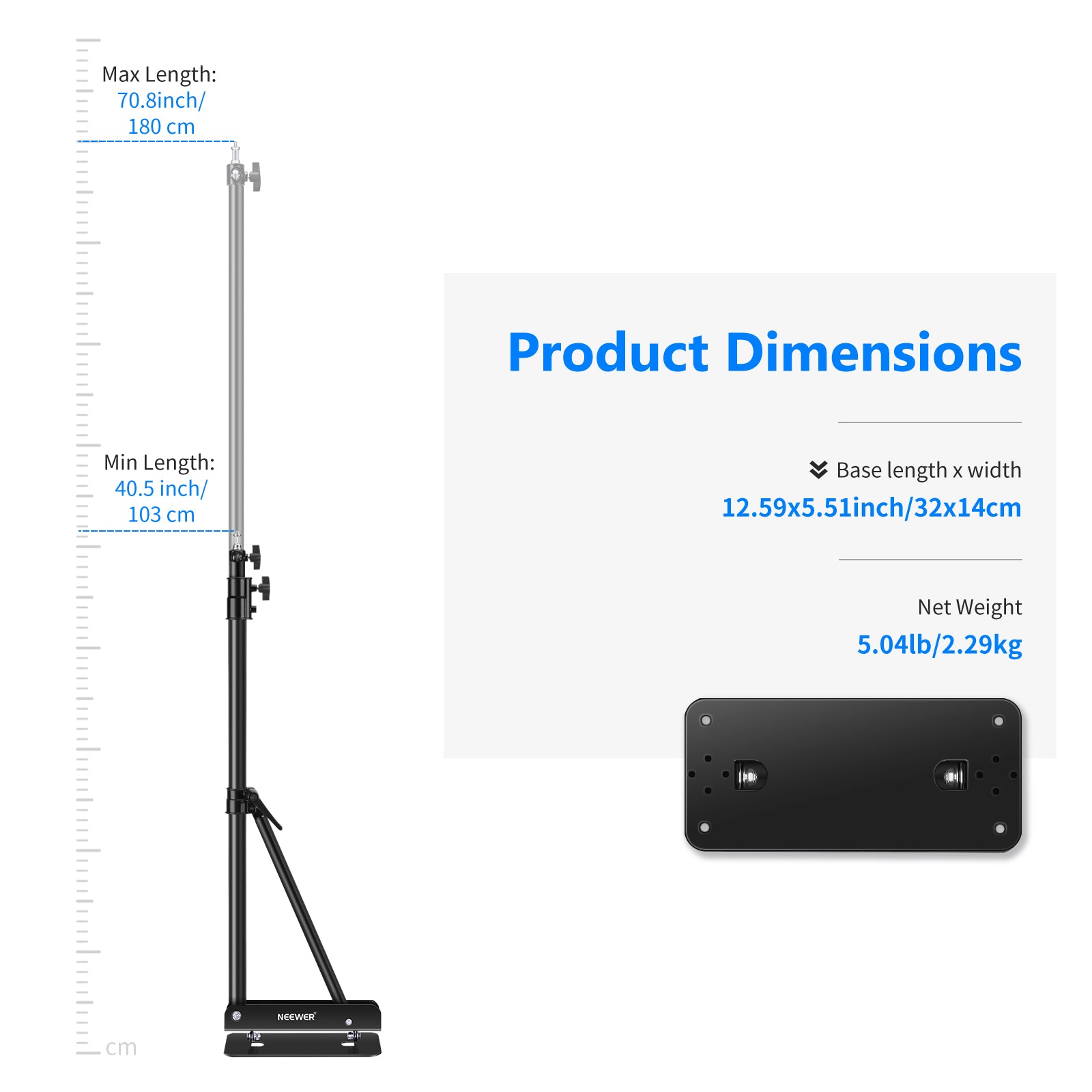 Product dimensions of the NEEWER 180CM Wall Boom Arm