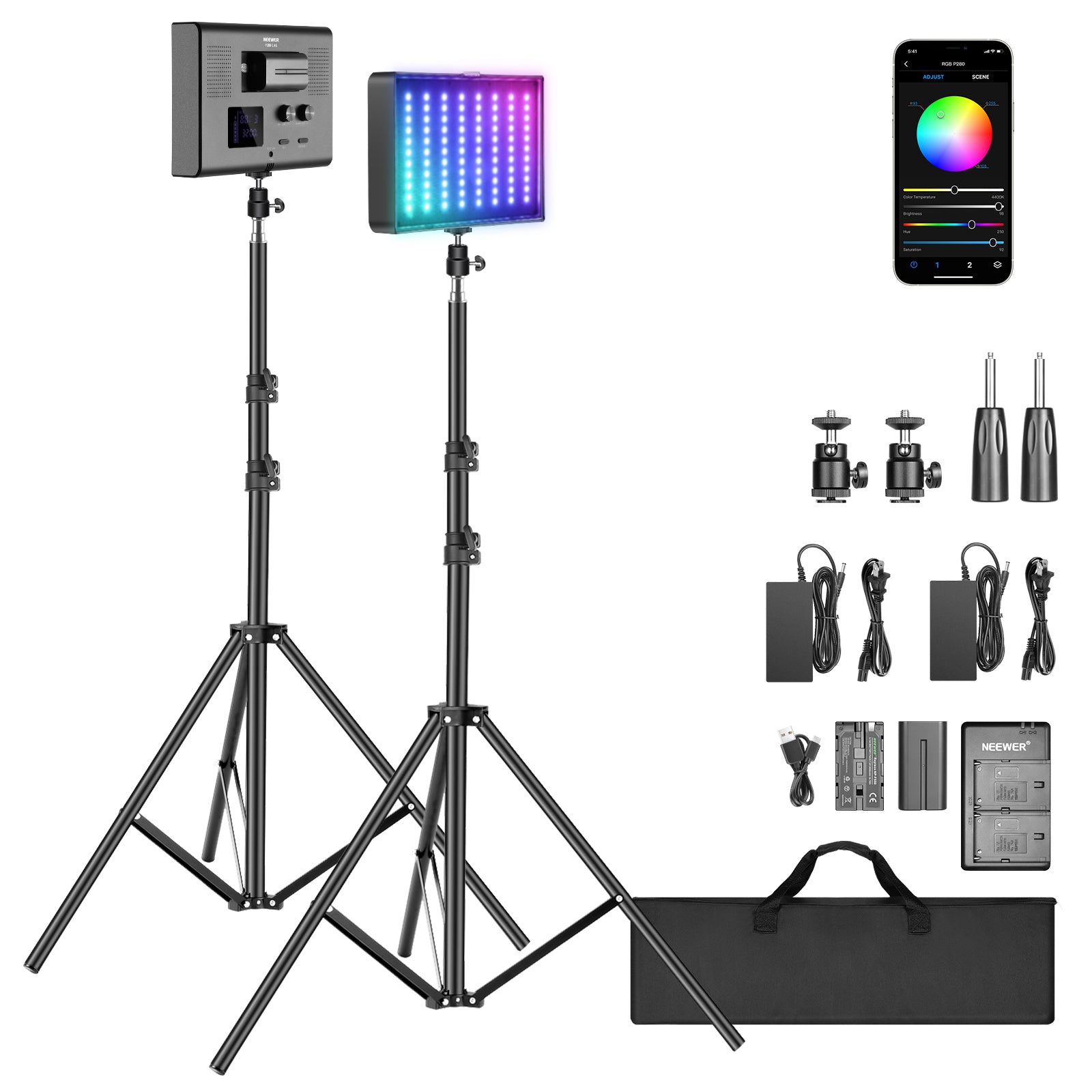 Neewer 2 Packs P280 CRI97+ RGB LED Video Light Battery Kit with APP Control
