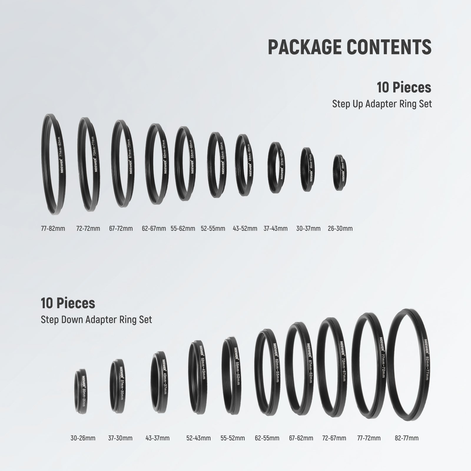 Package Contents of the NEEWER Metal Lens Filter Adapter Ring Kit