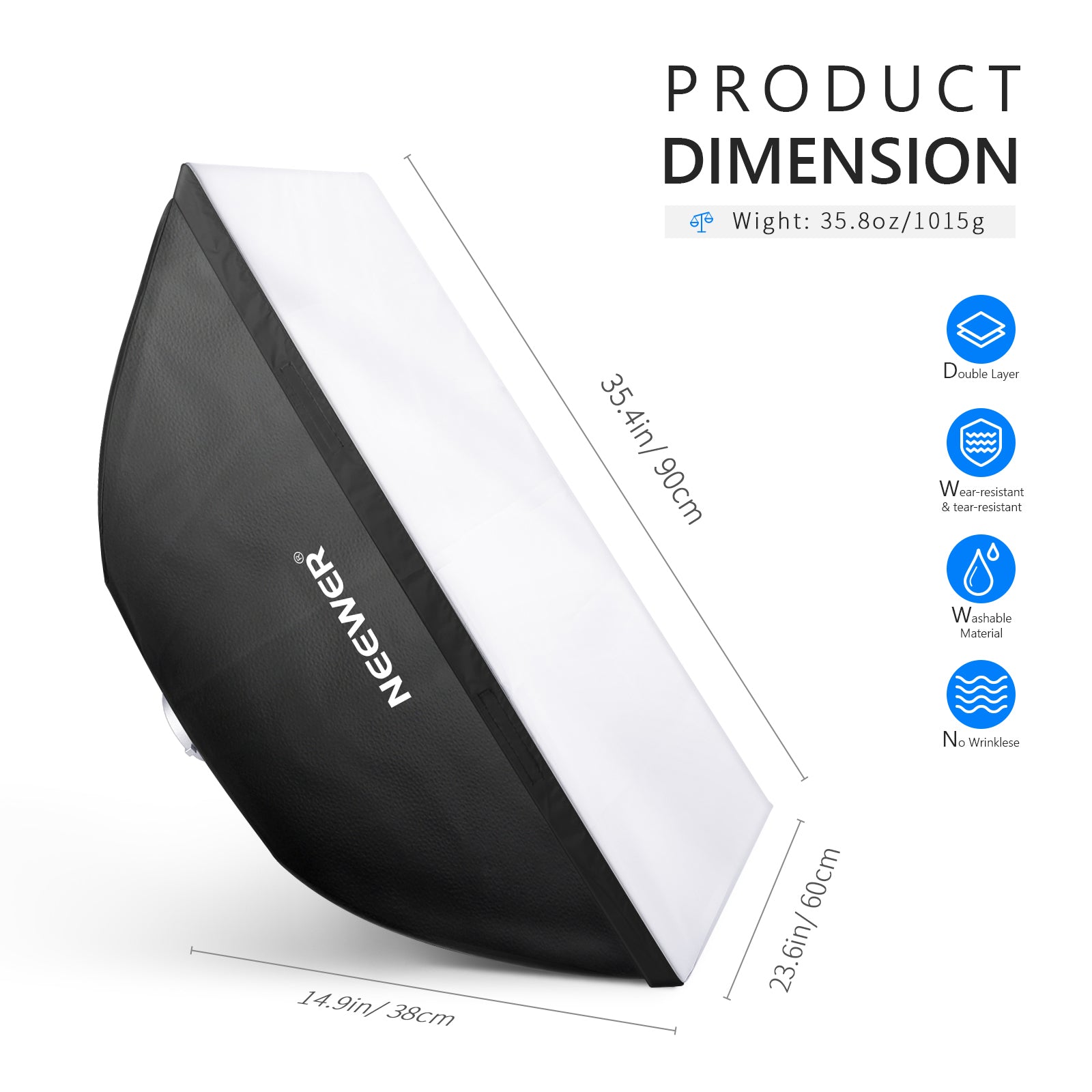 Product dimensions of the NEEWER SB-BW6090 Rectangular Softbox