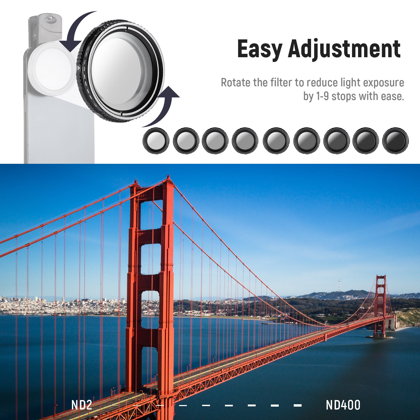 NEEWER FL-37 37mm ND2-ND400 Filter For Phone Camera Kit is easy to adjust.