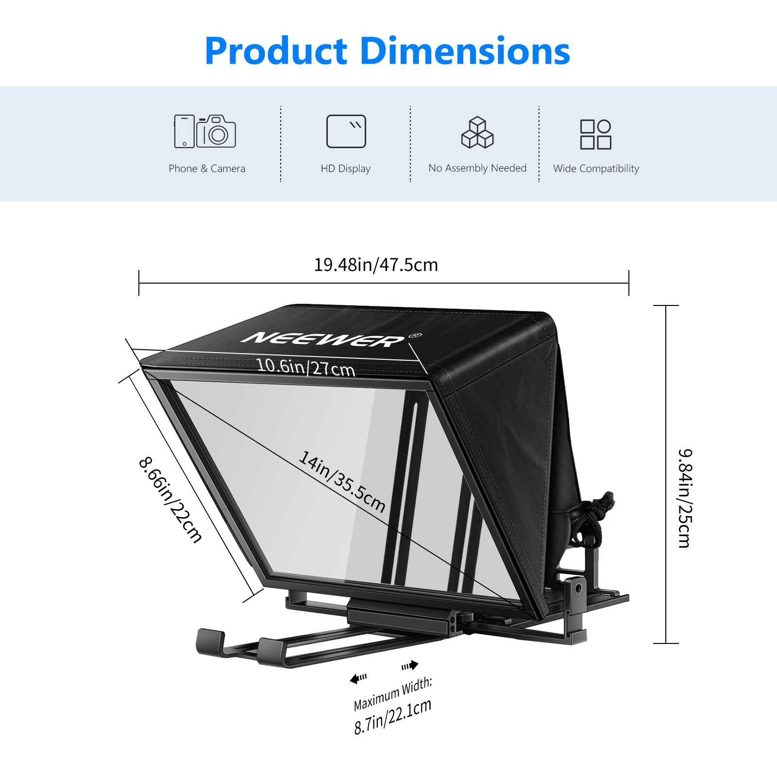 Product dimensions of the NEEWER X14 Portable Teleprompter