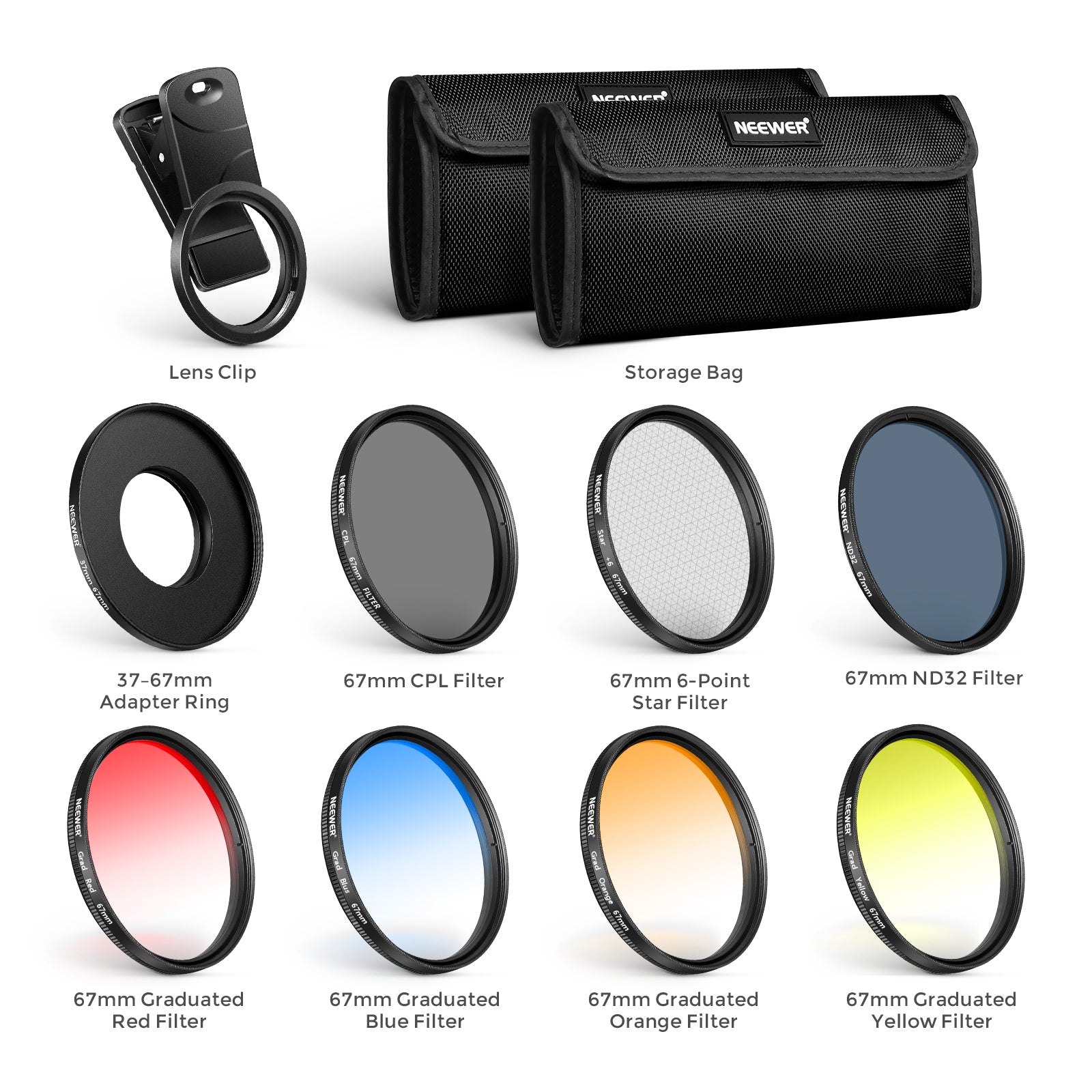 Package Contents of the NEEWER 67mm Lens Filters Kit for Phone & Camera