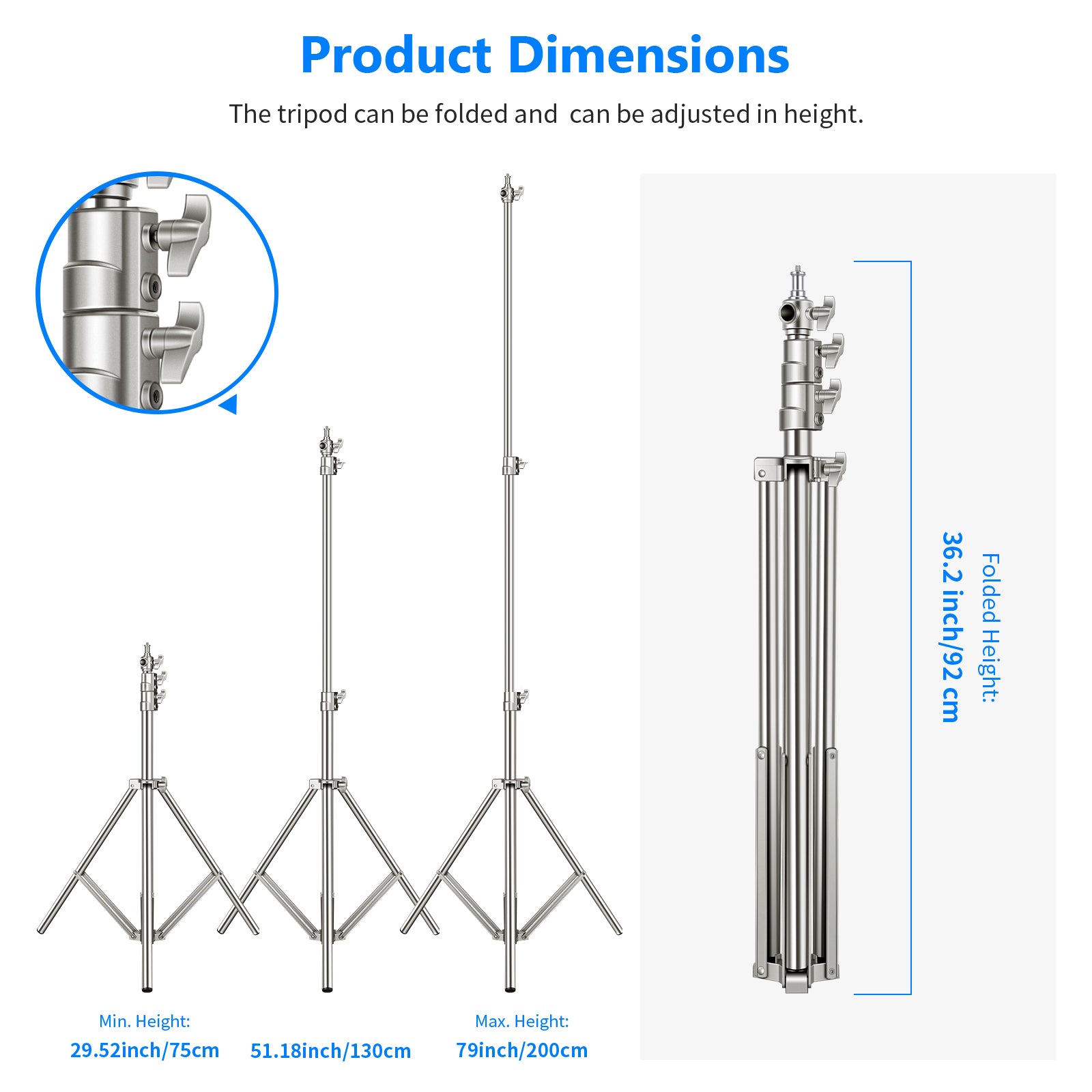 Product dimensions of the NEEWER 220cm Lightweight Light Stand