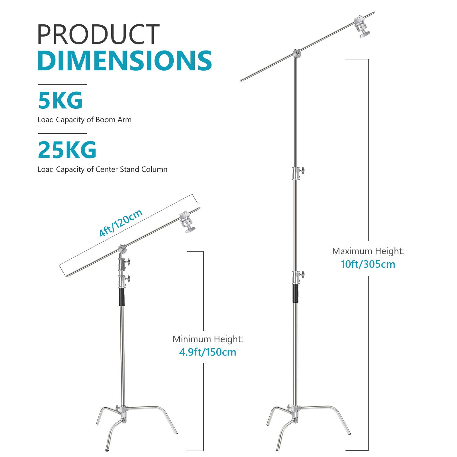 Product dimensions of the NEEWER 305cm Stainless Steel C-Stand