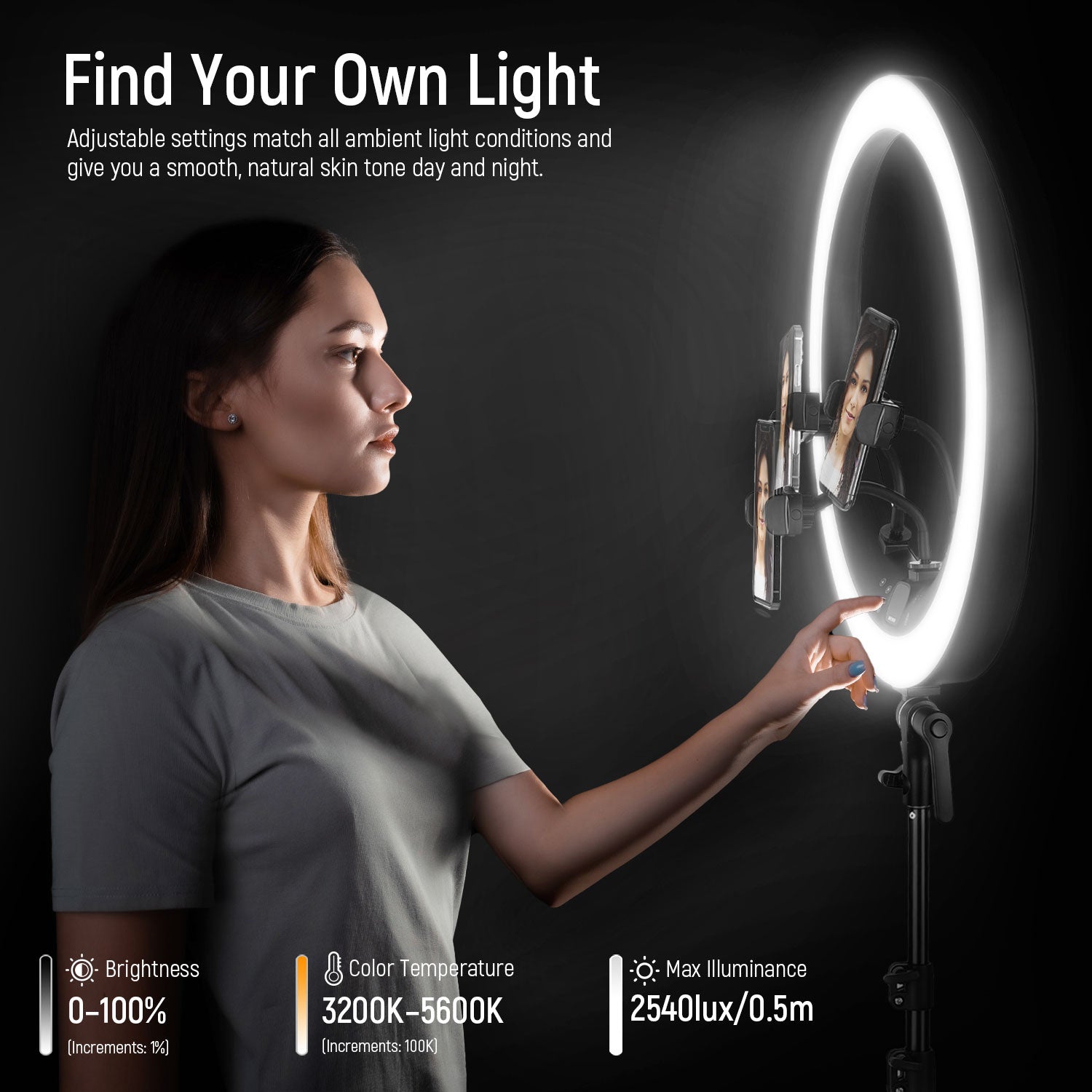 NEEWER RP19H 19 Inch LED Ring Light With 3 Phone Holders helps you find your own light.