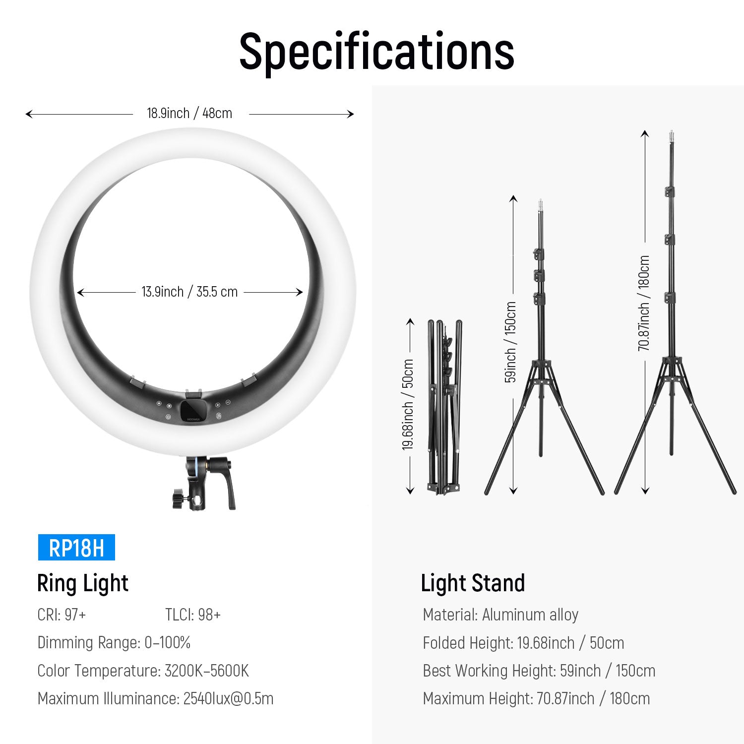 Specifications of the NEEWER RP19H 19 Inch LED Ring Light With 3 Phone