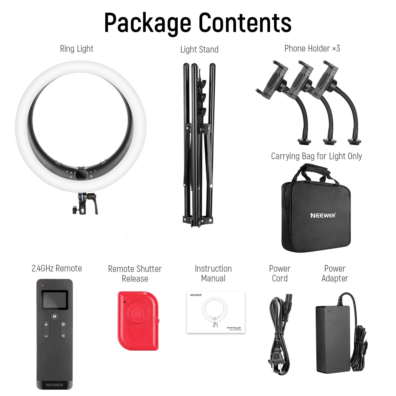 Package Contents of the NEEWER RP19H 19 Inch LED Ring Light With 3 Phone Holders