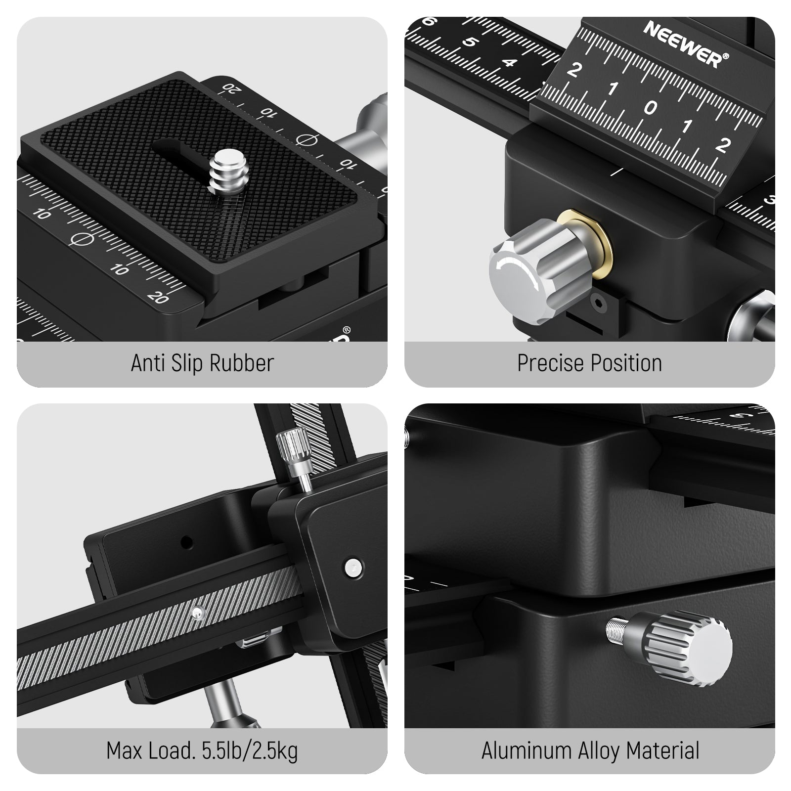 NEEWER 4-Way Macro Focusing Rail Slider is constructed with robust aluminum alloy.