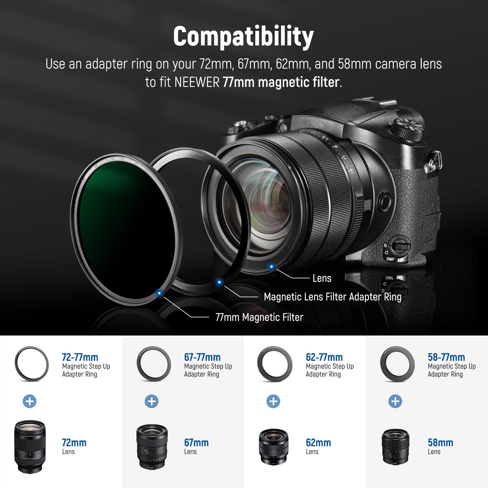 Use an adapter ring on 72mm, 67mm, 62mm, and 58mm camera lens to fit NEEWER 77mm magnetic filter.