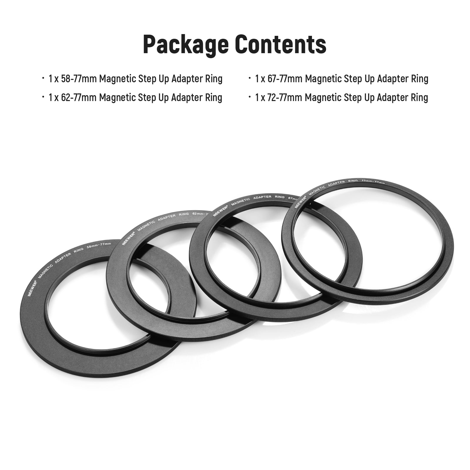 Package Contents of the NEEWER Magnetic Step-up Adapter Ring Kit