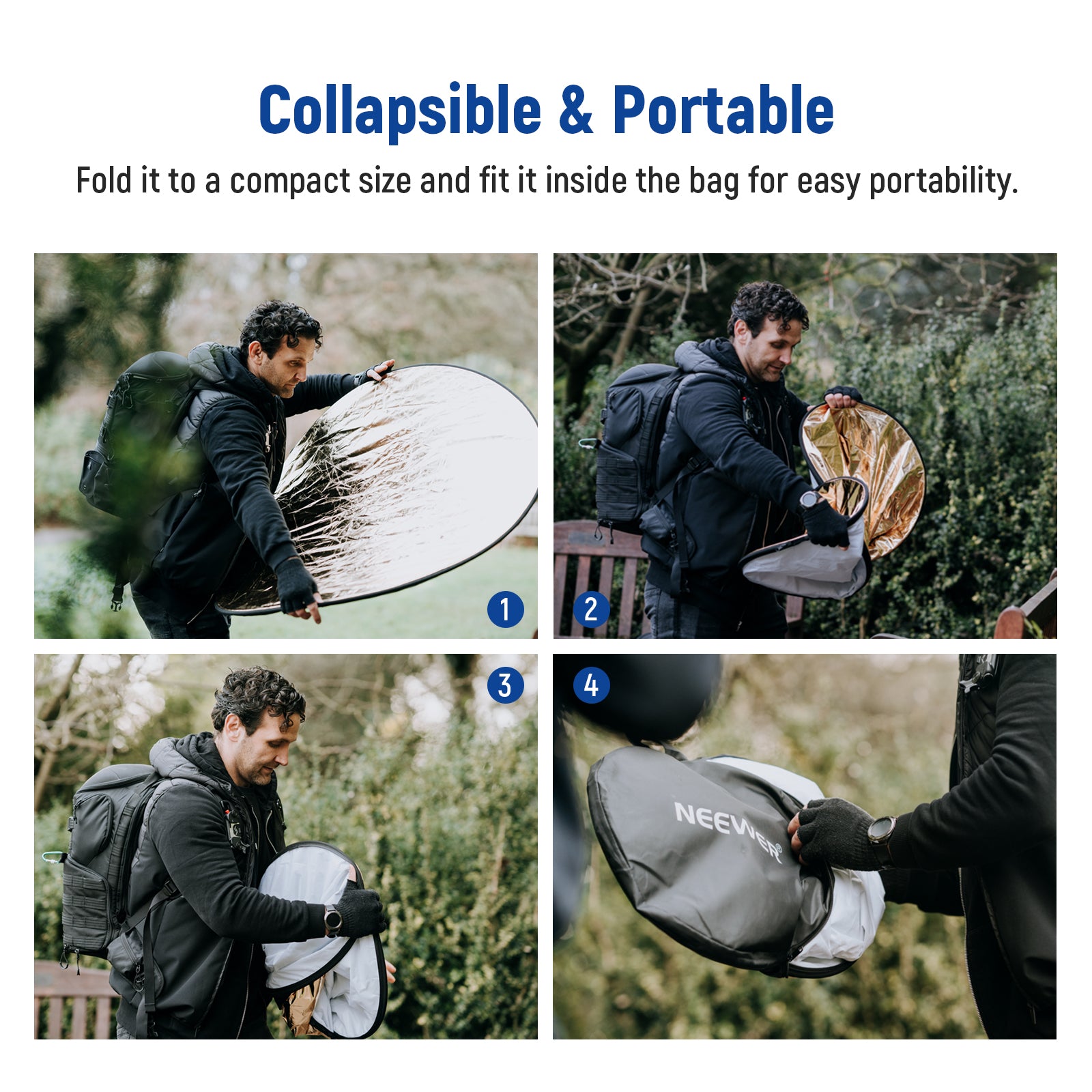 NEEWER 43”/110cm Light Reflector with Metal Clamp and Stand is portable.