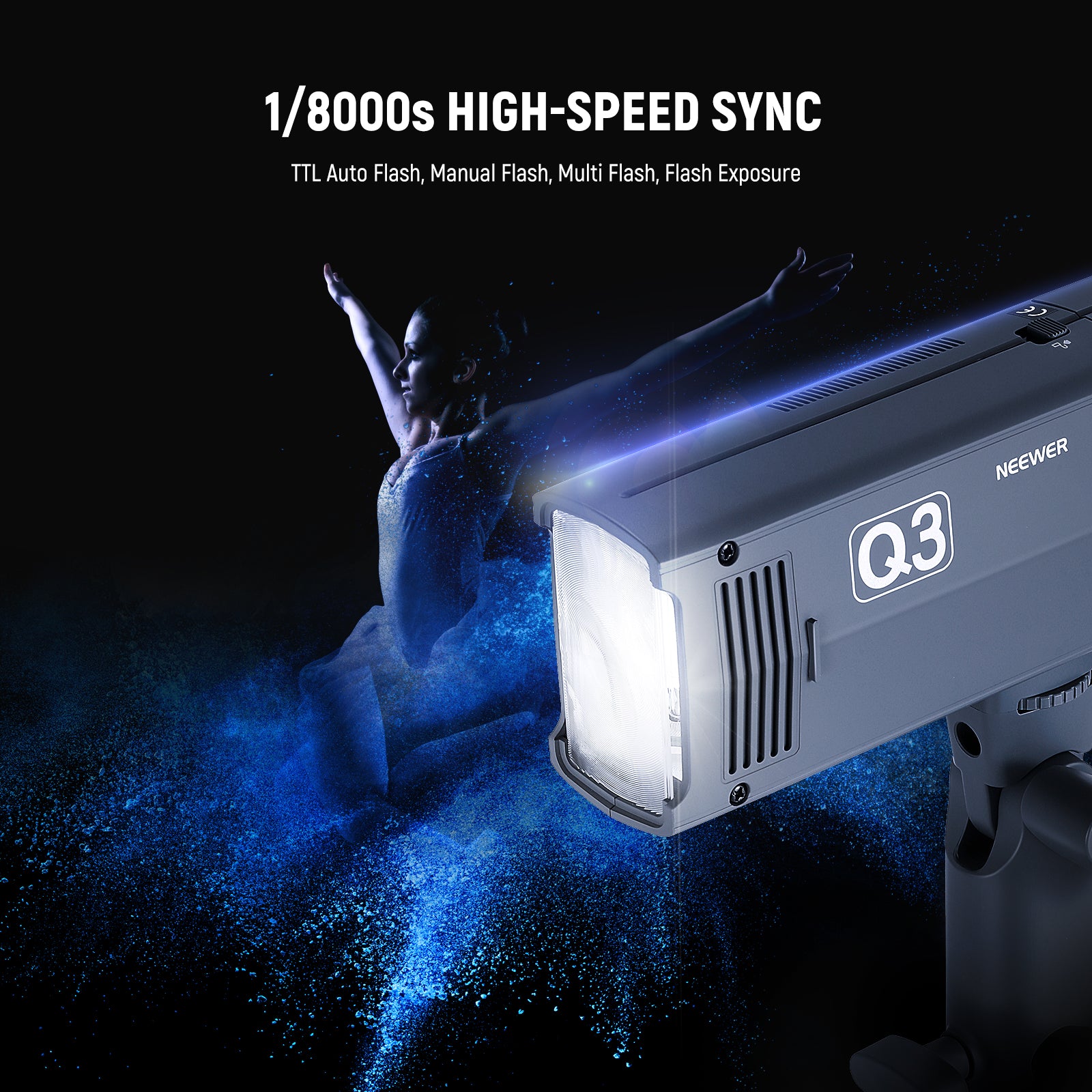 Q3 powerful flash has three flash modes: TTL, Manual, and Multi (Stroboscopic).