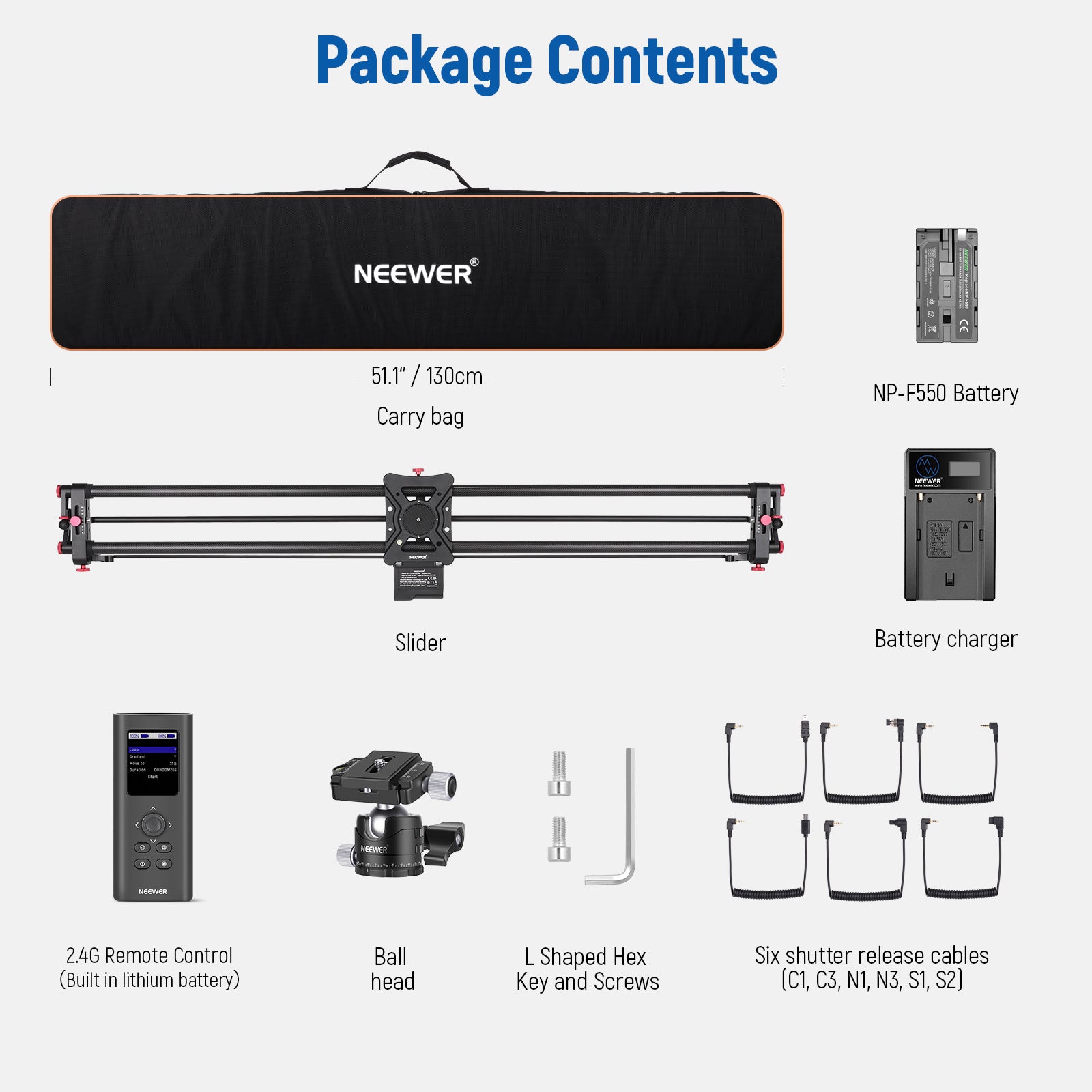 Package Contents of the NEEWER ER1-120 Carbon Fiber Camera Slider