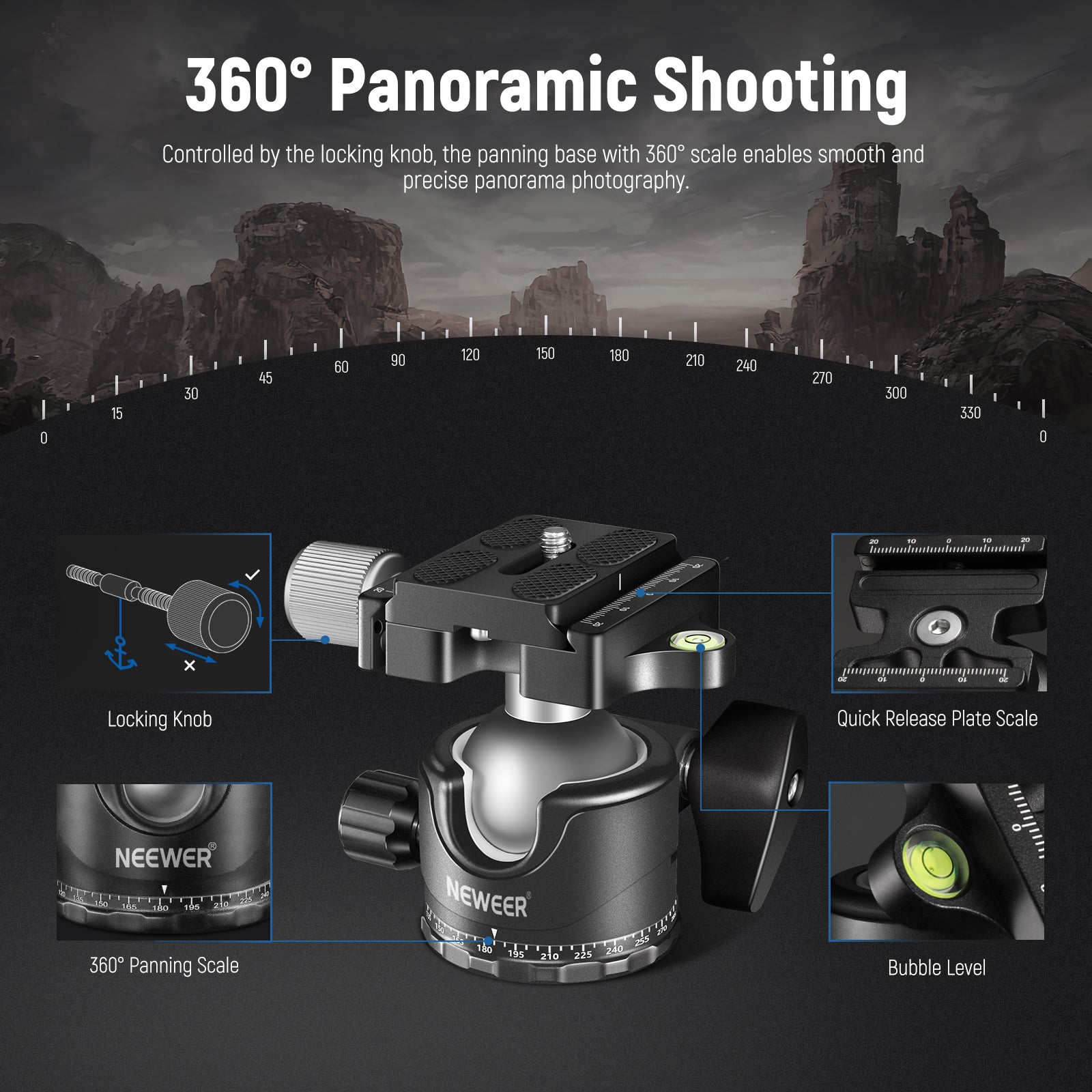 NEEWER GM36 Panorama Tripod Ball Head is ideal for 360° panoramic shooting.