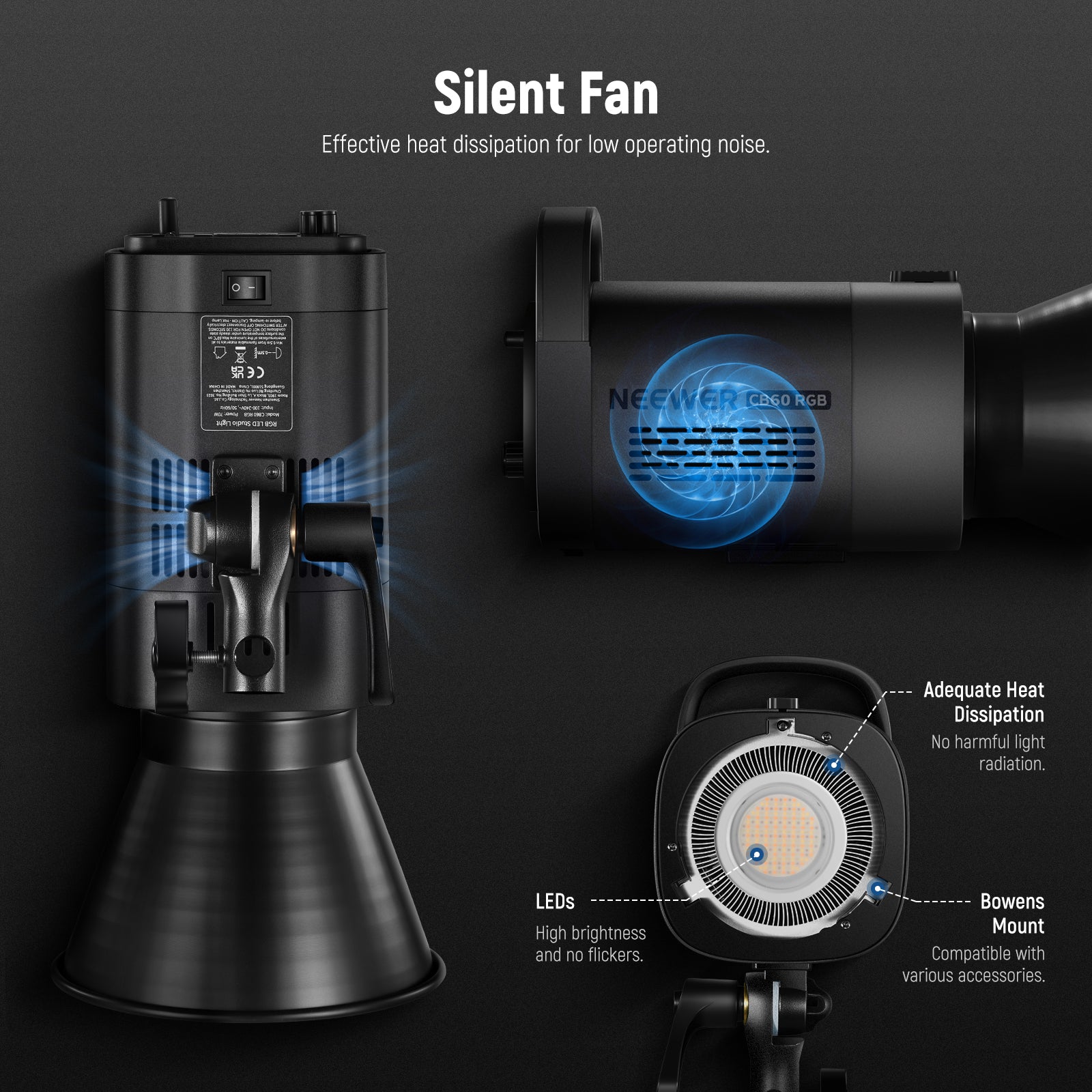 NEEWER CB60 RGB 70W LED Video Light features a silent fan.