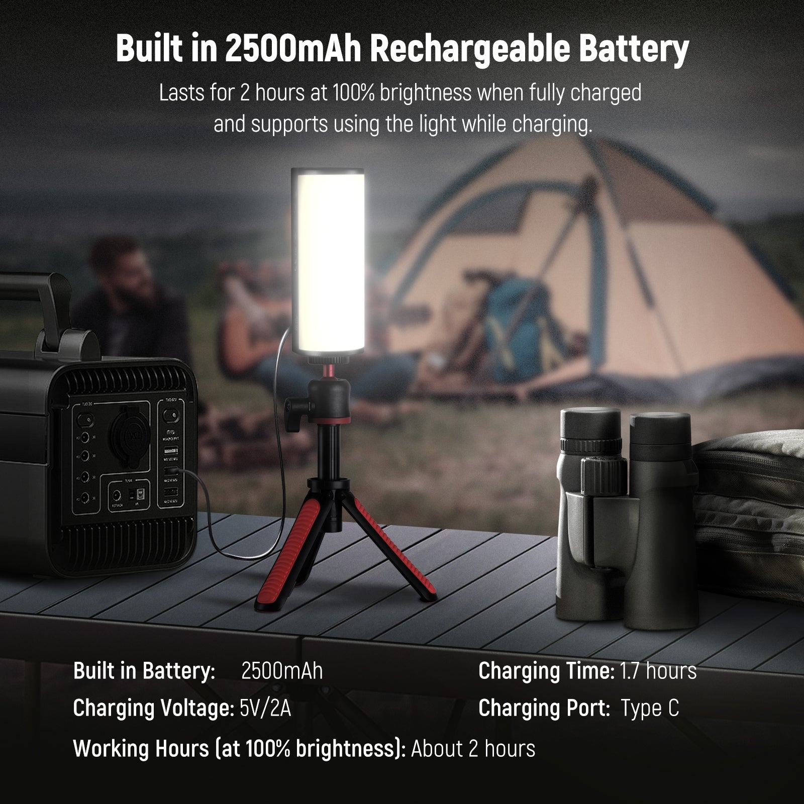 The RGB light comes with a built-in 2500mAh rechargeable lithium battery