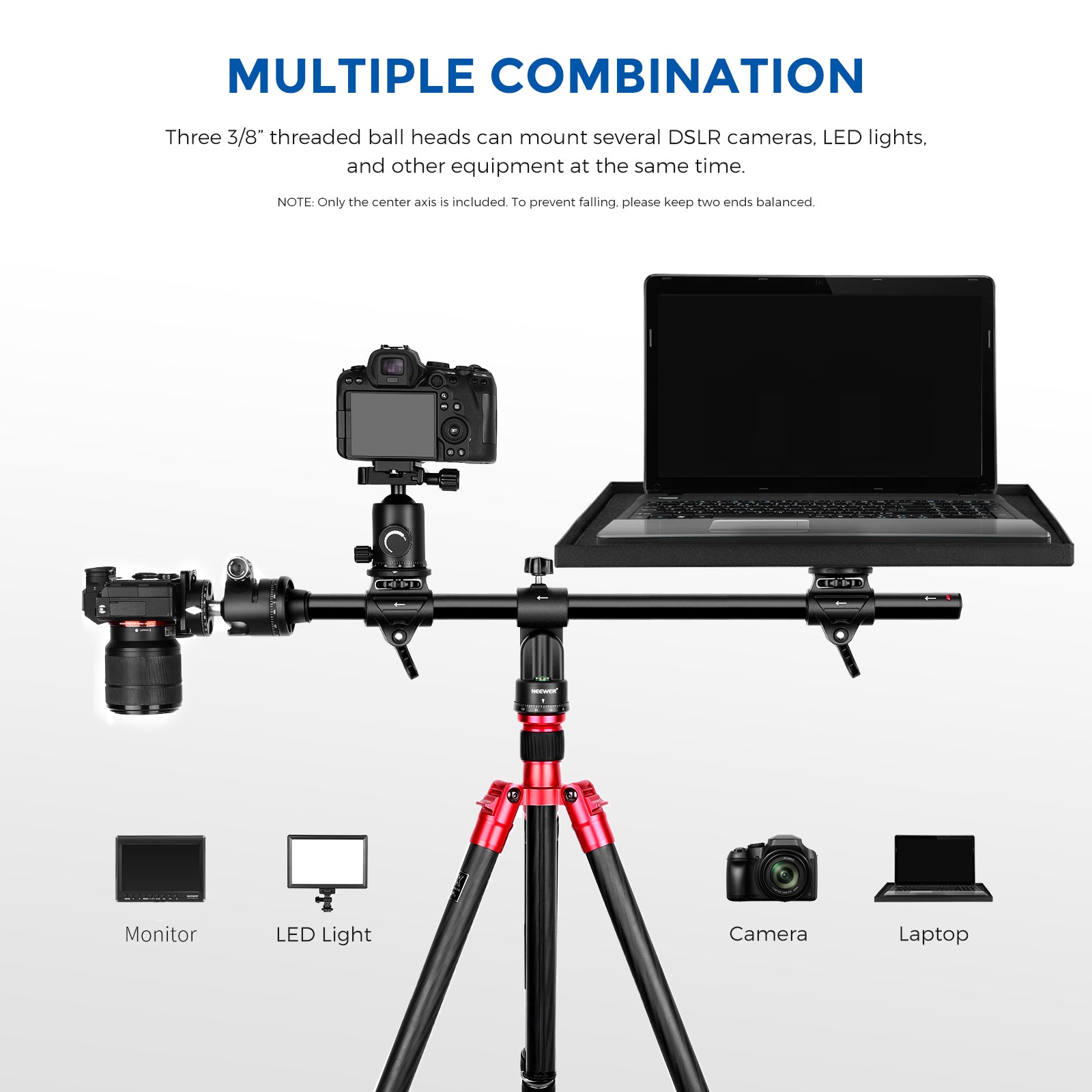 NEEWER Horizontal Tripod Center Axis allows you to install equipment at the same time.