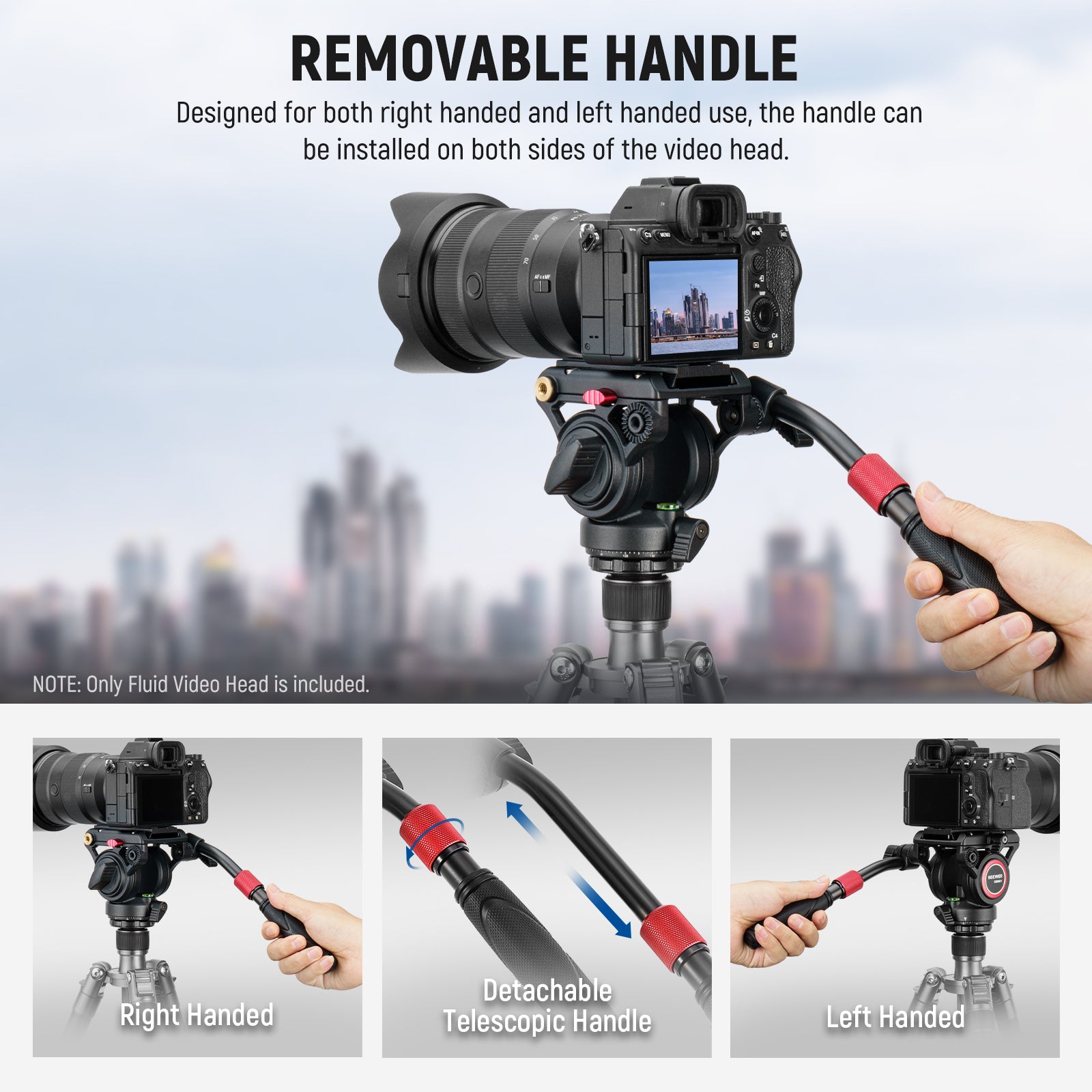 NEEWER GM001 Video Fluid Head kit includes a telescopic handle.