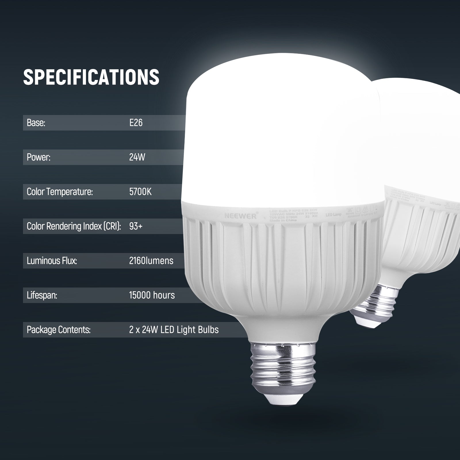 Product detail of the NEEWER T80 2 Packs E26 24W LED Light Bulbs