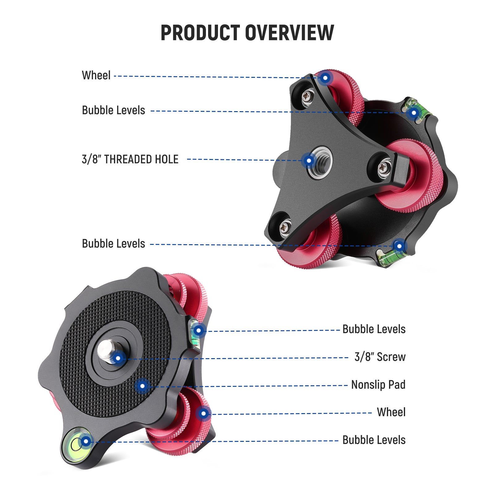 Product overview of the NEEWER LP64 Tripod Head Leveling Base Camera Leveler