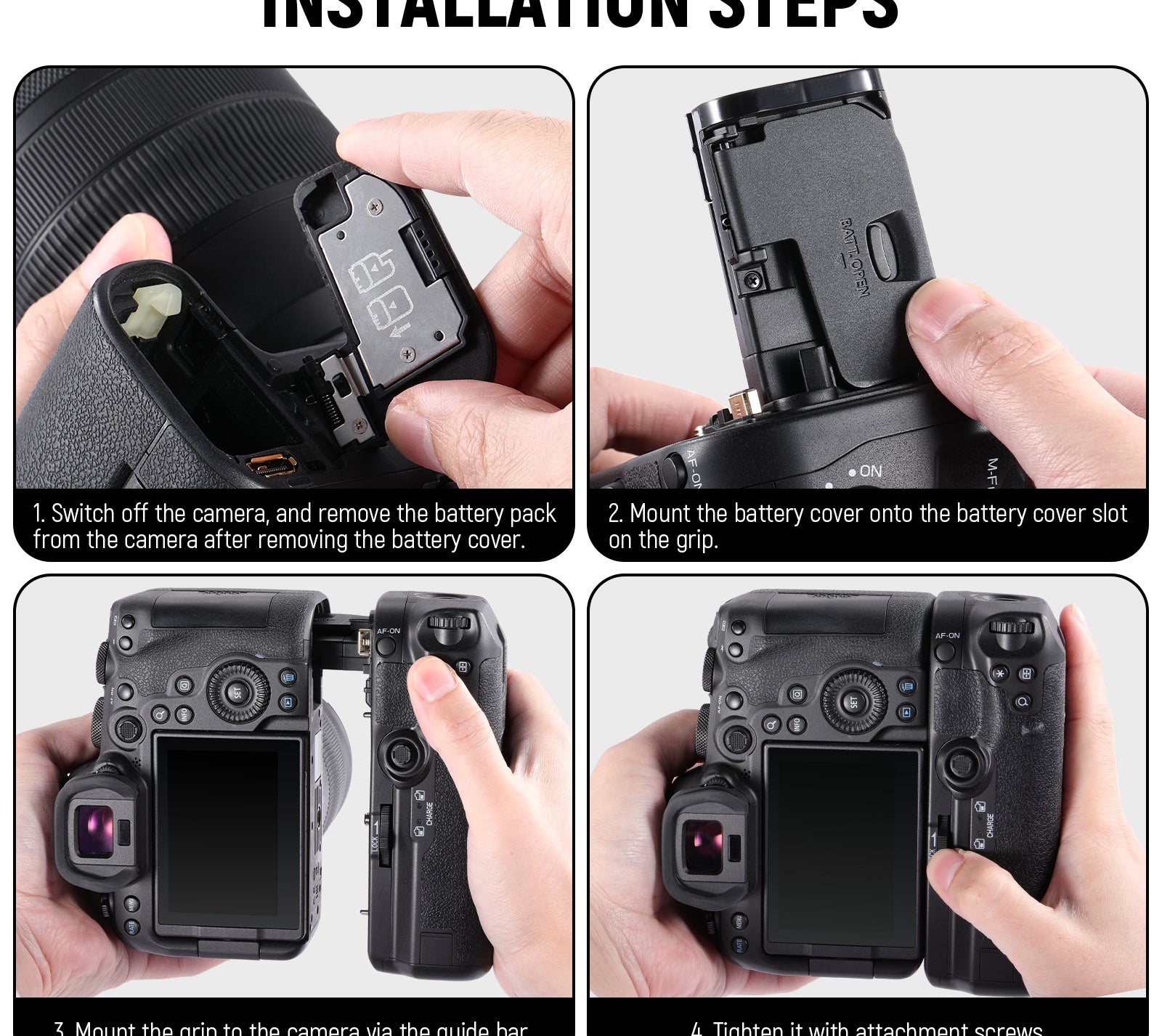 Installation steps of the NEEWER BG-R10 Replacement Battery Grip