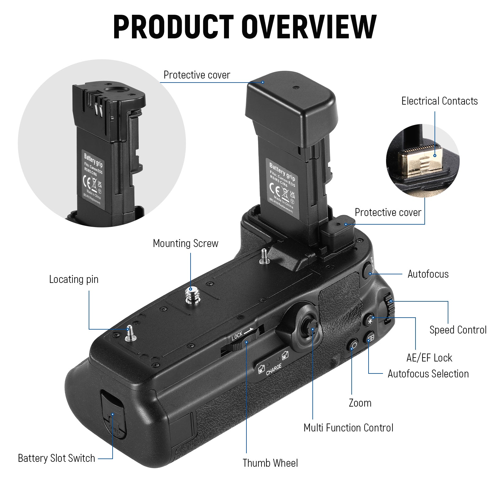 Product overviews of the NEEWER BG-R10 Battery Grip for Camera with Remote Control
