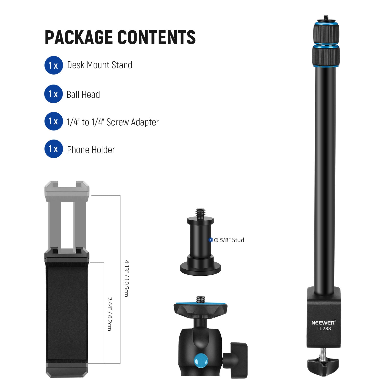 Package Contents of the NEEWER TL283 Extendable Camera Desk Mount with Ball Head