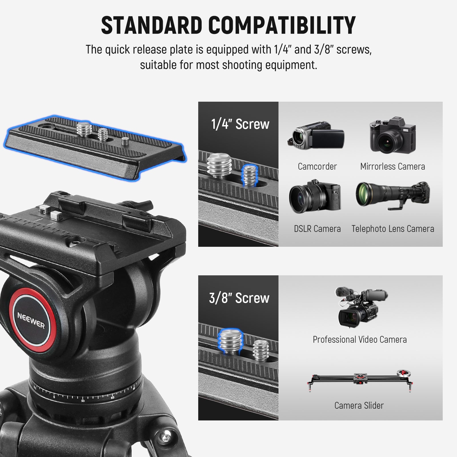 NEEWER TP74 Pro Video Tripod offers standard compatibility.