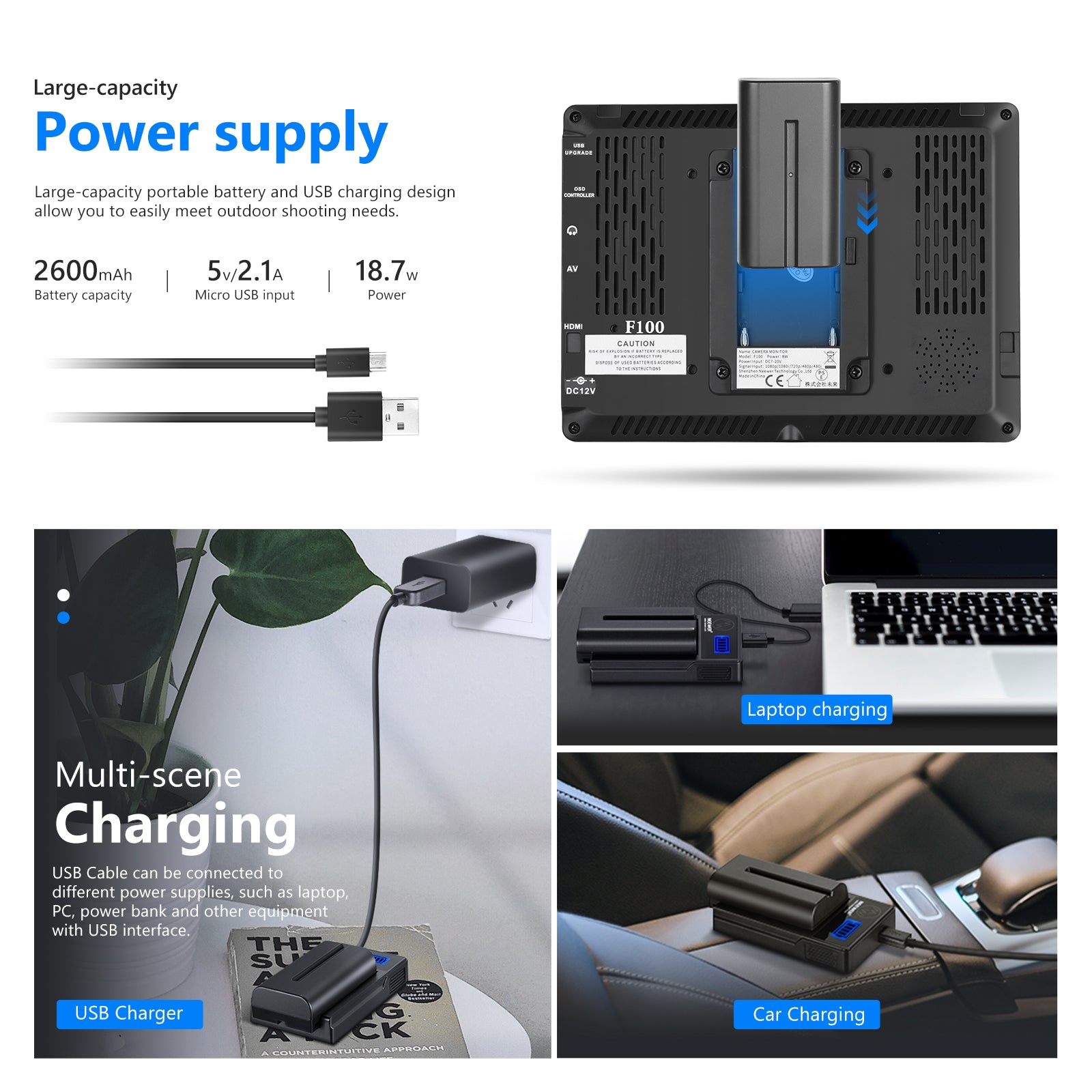 NEEWER F100 Camera Field Monitor supports 3 ways to charge.