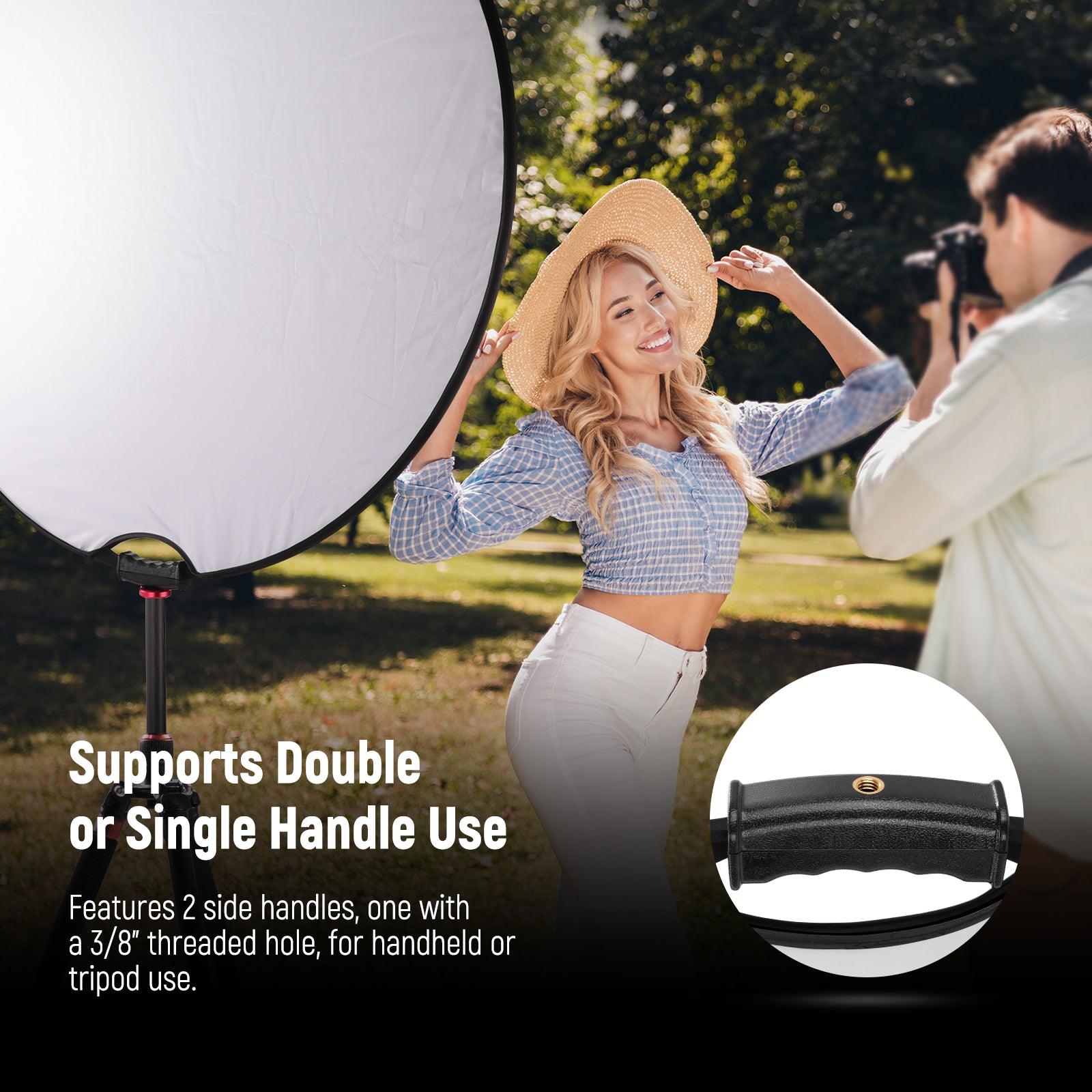 NEEWER RF-80II 5 in 1 Handheld Foldable Light Reflector Kit supports double or single handle use.