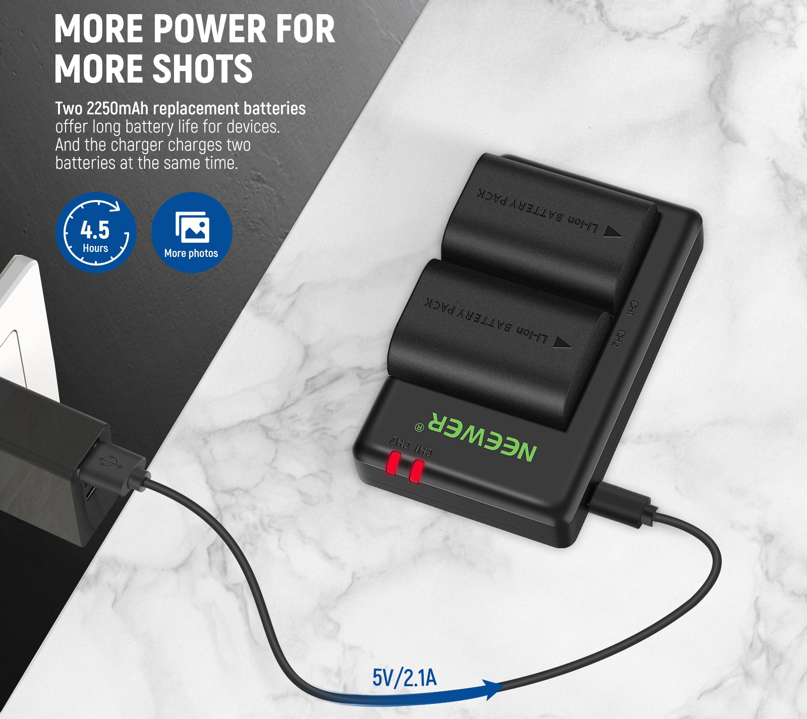 The battery grip can accommodate up to two 2250mAh LP-E6/LP-E6N/LP-E6NH batteries.