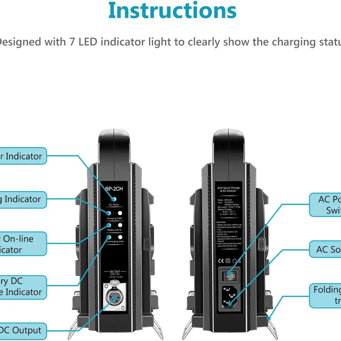 NEEWER NW-BP-2CH Dual Channel V Lock Battery Charger is designed with 7 LED indicator lights.