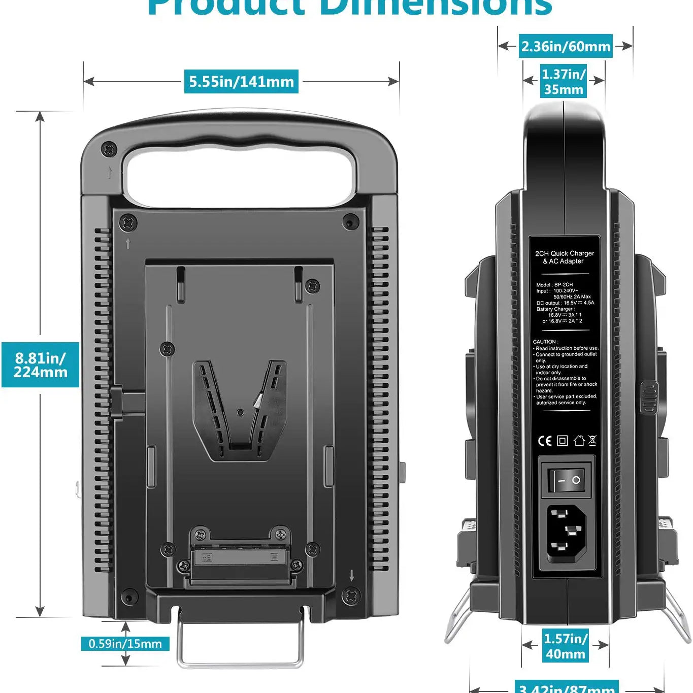 Product dimensions of the NEEWER NW-BP-2CH Dual Channel V Lock Battery Charger