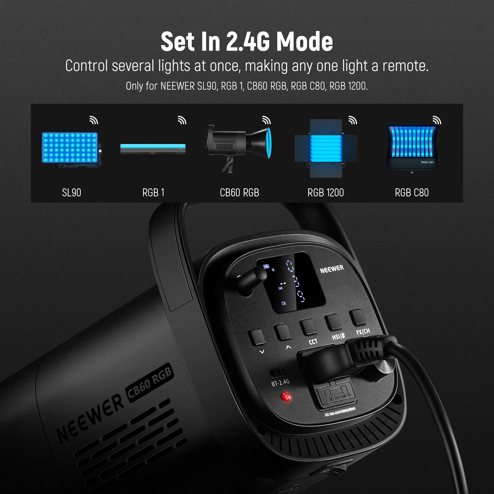 NEEWER CB60 RGB 70W LED Video Light has a built in 2.4G system.