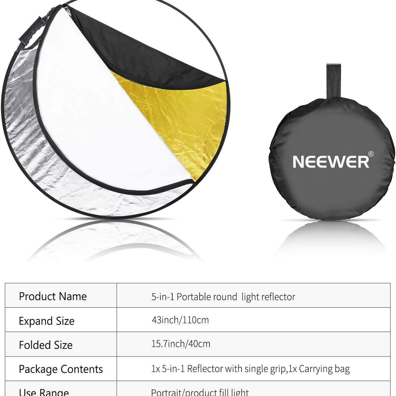 Package Contents of the NEEWER 5-in-1 110CM Round Reflector