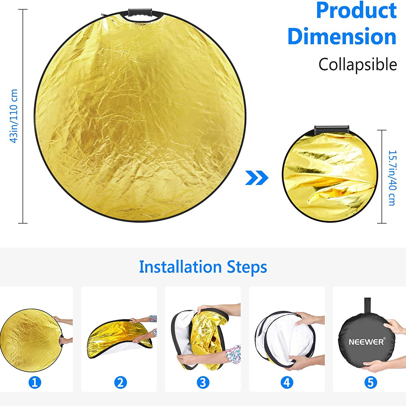 Product dimensions of the NEEWER 5-in-1 110CM Round Reflector