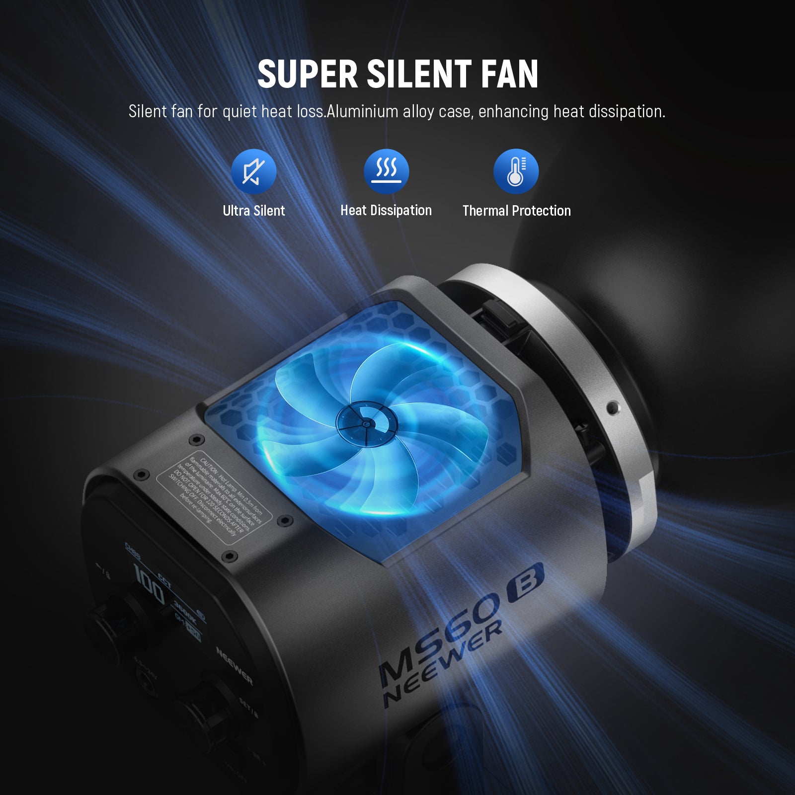 NEEWER MS60B Bi-color LED Video Light is equipped with a super silent fan.