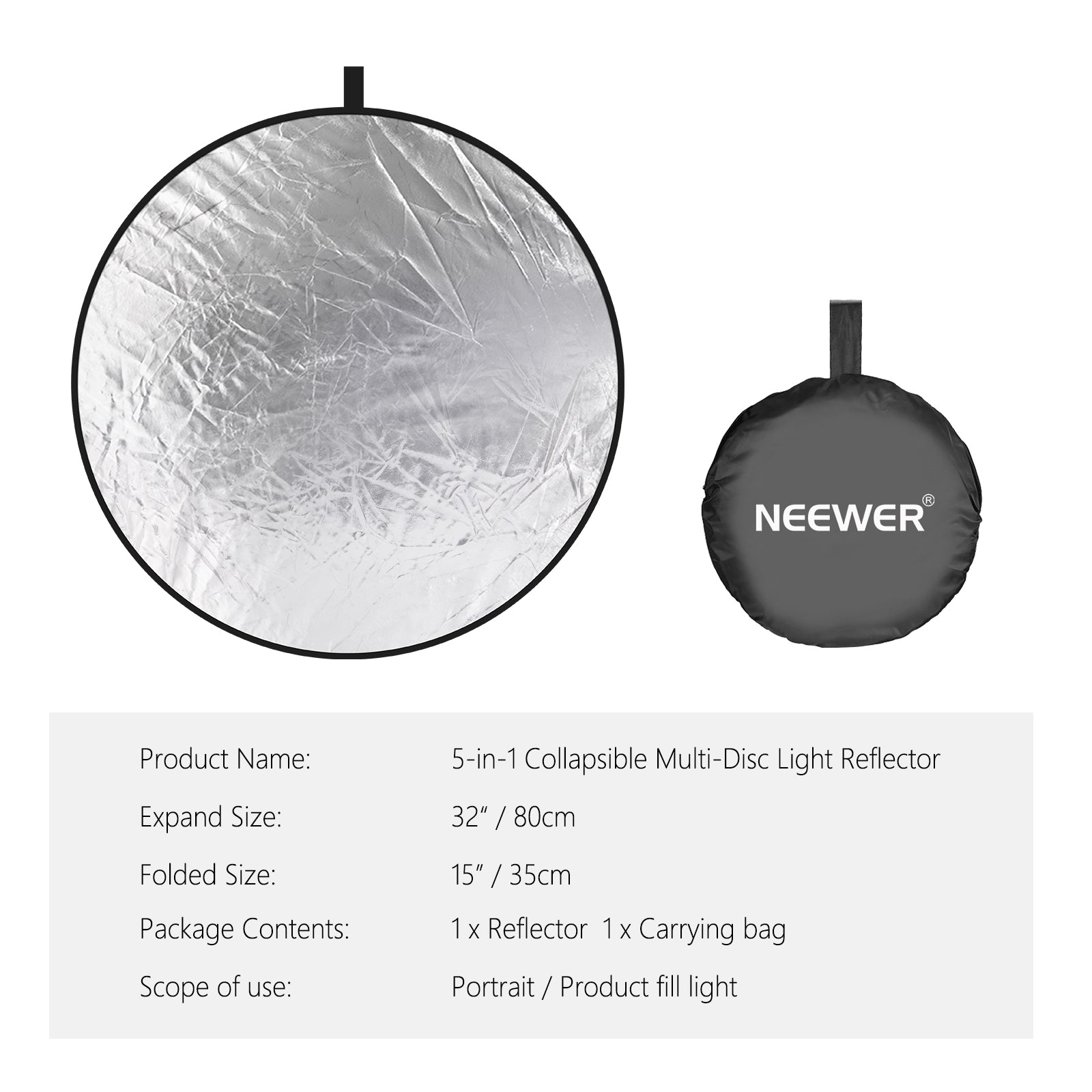 Package Contents of the NEEWER 80cm 5-in-1 Light Reflector