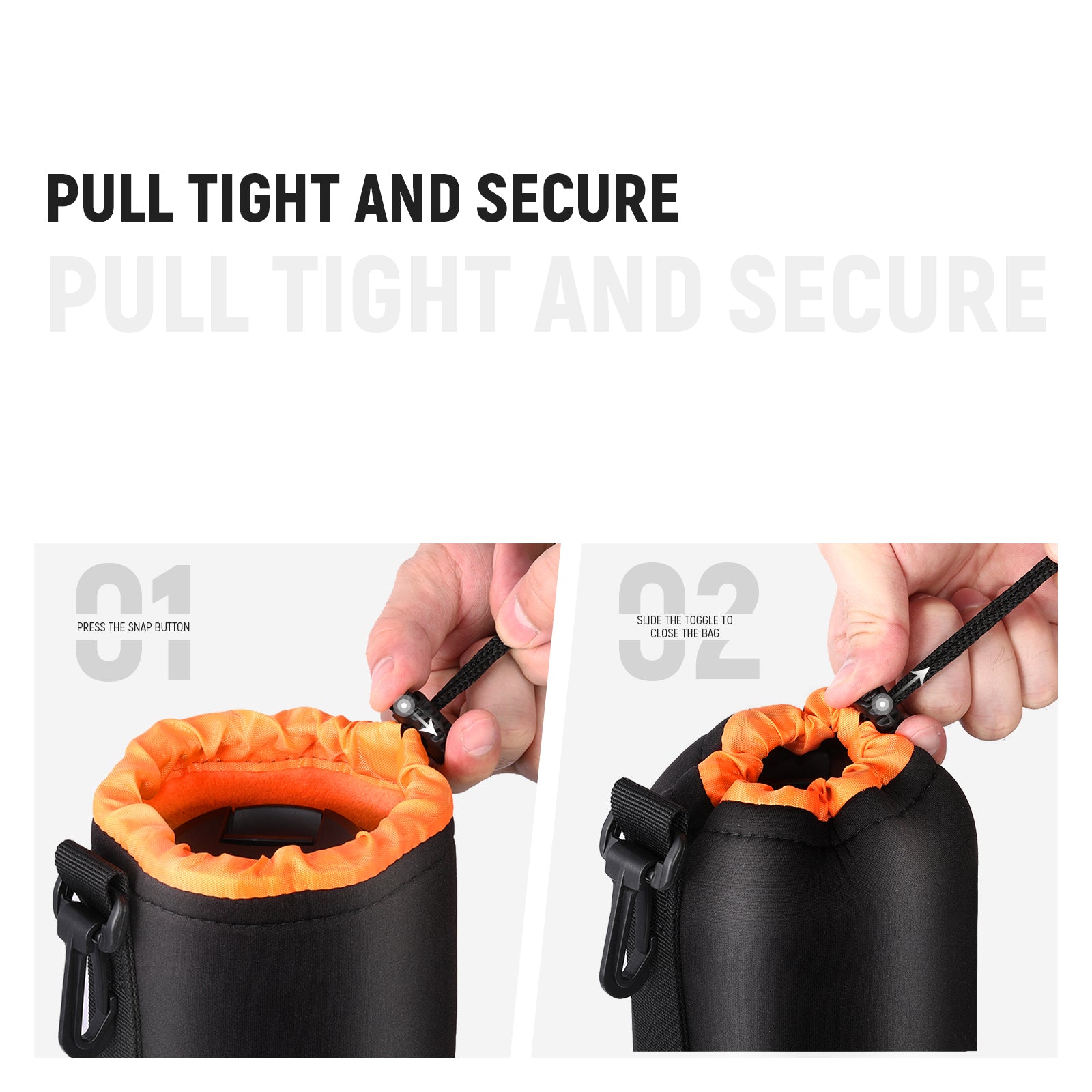 The drawstring on top can be tightly closed around your camera lens for added protection