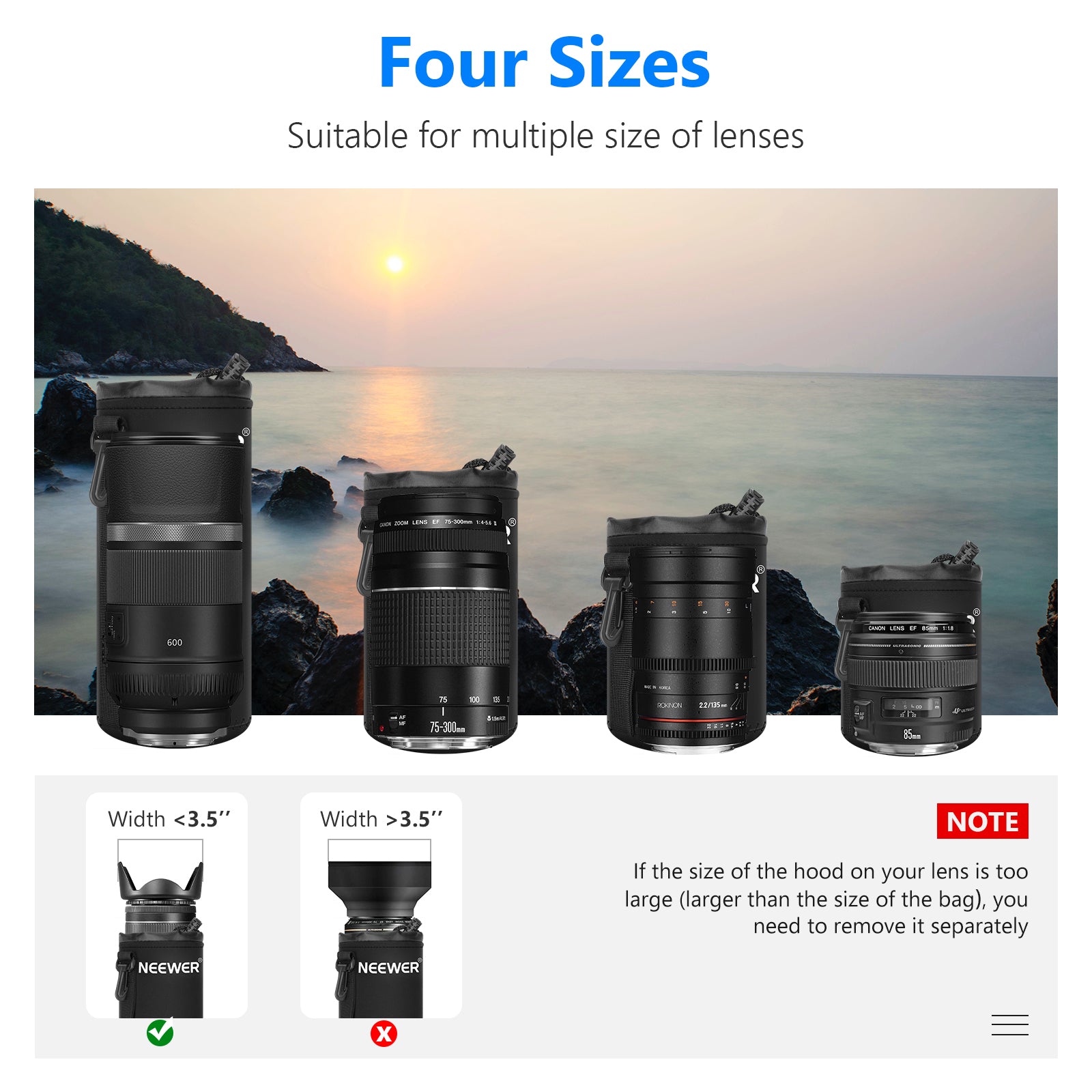 NEEWER 4 Pack Black Camera Lens Bag is suitable for multiple sizes of lenses.