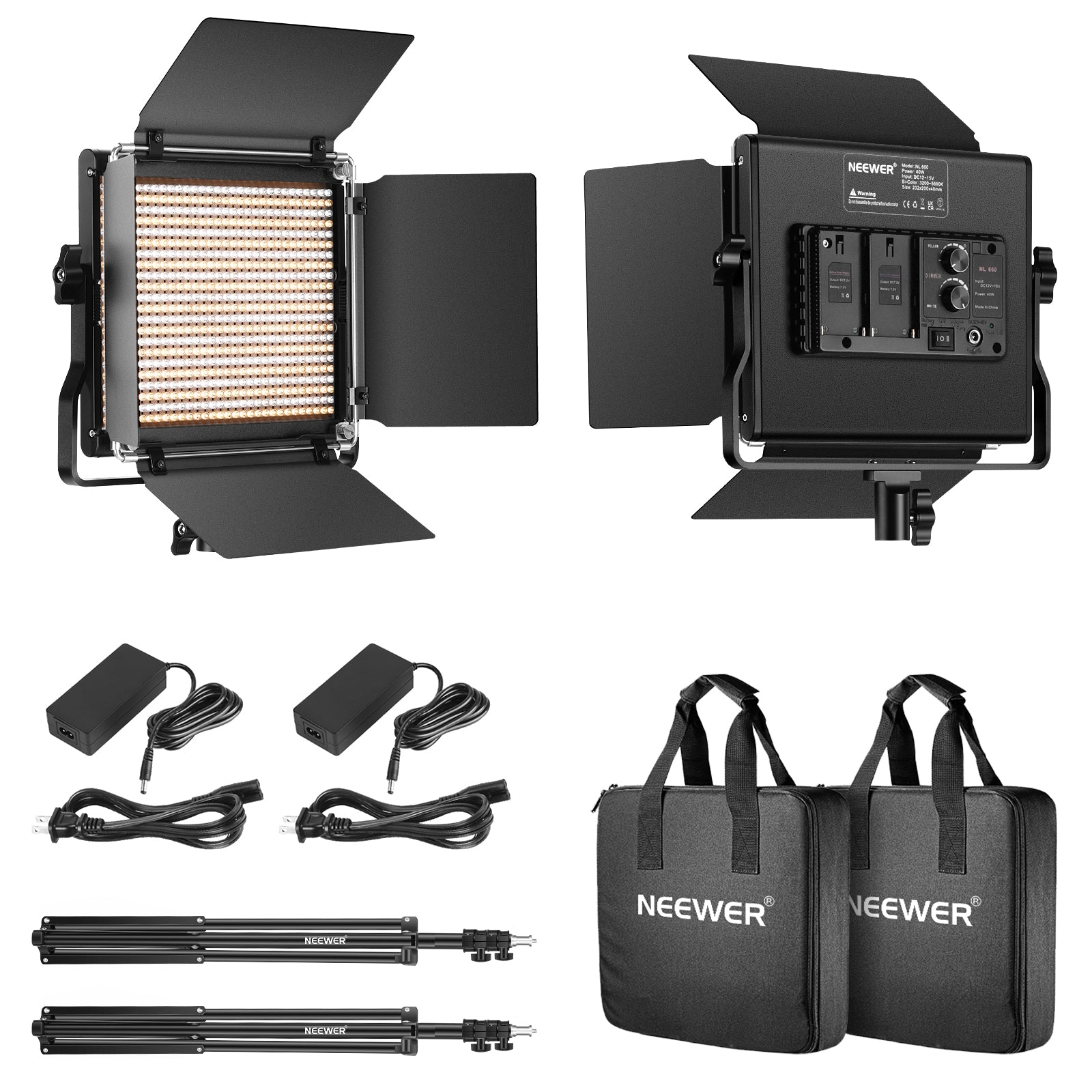 Package Contents of the NEEWER 2 Pack NL660 Bi-Color 660 LED Video Light and Stand Kit