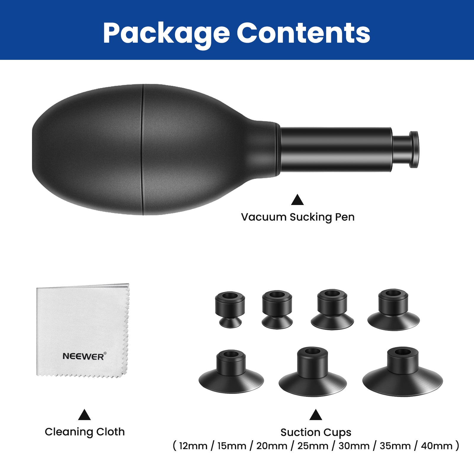 Package Contents of the NEEWER 8-in-1 Lens Sucker Kit