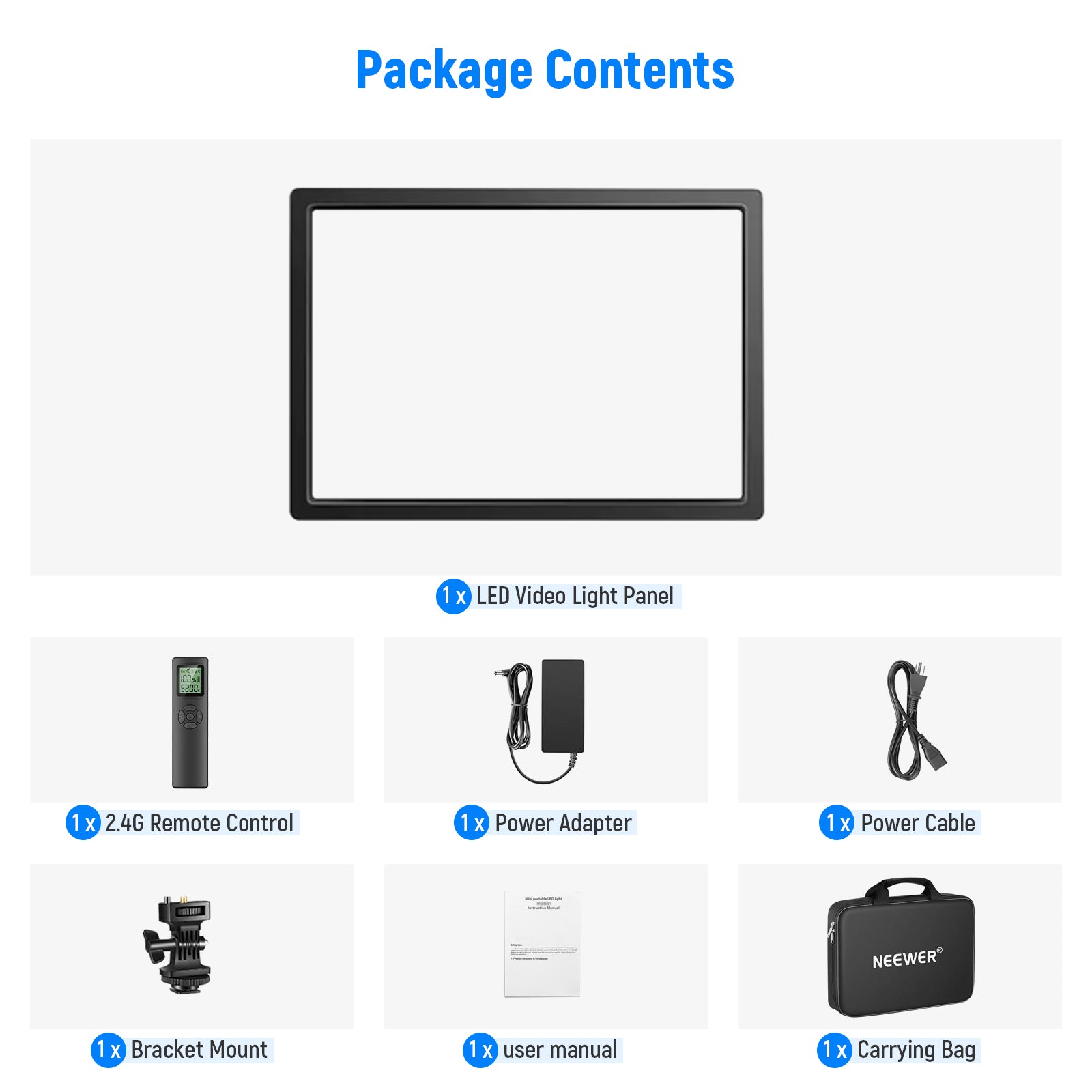 Package Contents of the NEEWER NL288A Bi-Color LED Panel Light Kit