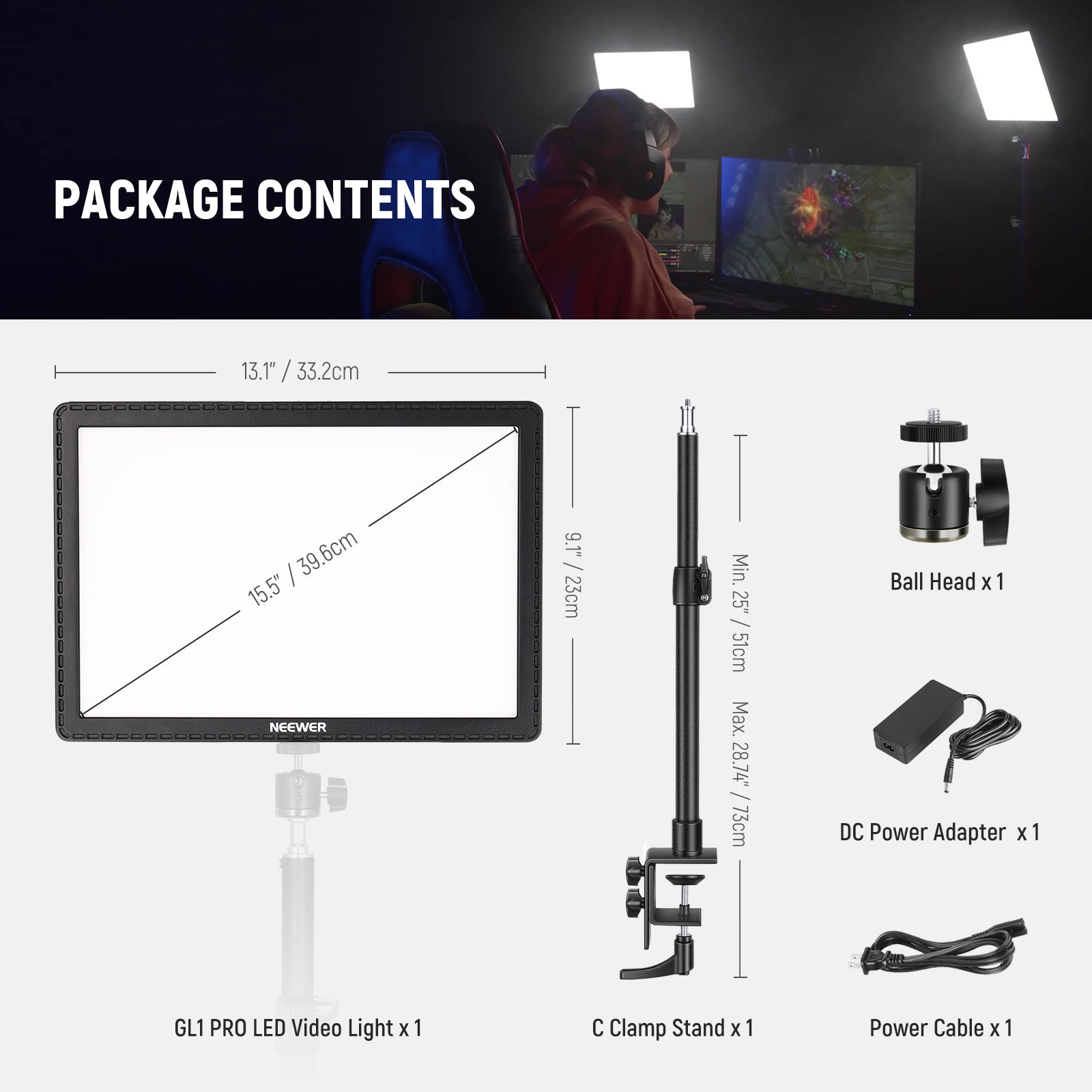Package Contents of theNEEWER GL1 PRO Key Light Streaming Light For Elgato